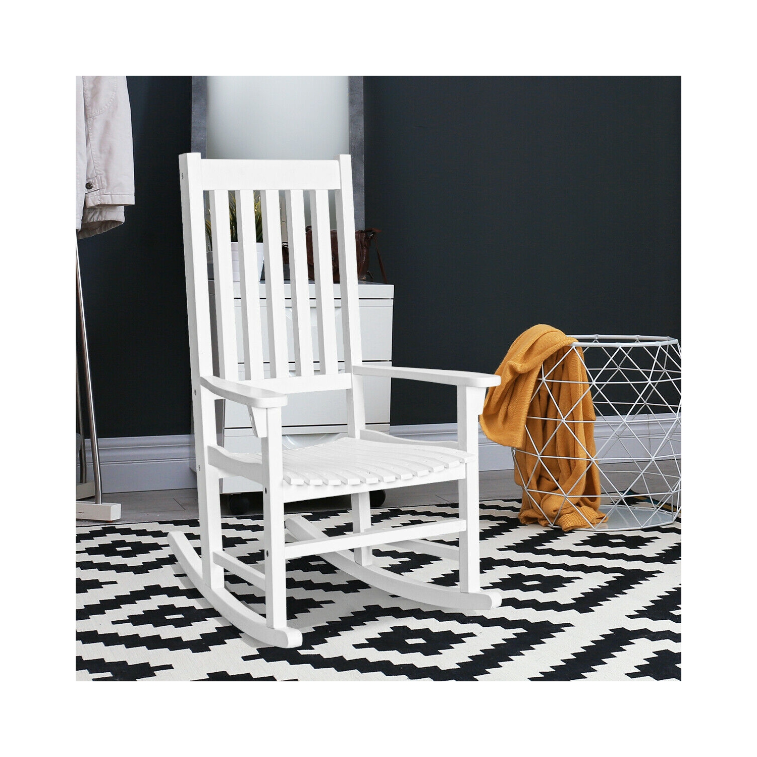 Gymax 2PCS Wood Rocking Chair Porch Rocker High Back Garden Seat Indoor Outdoor