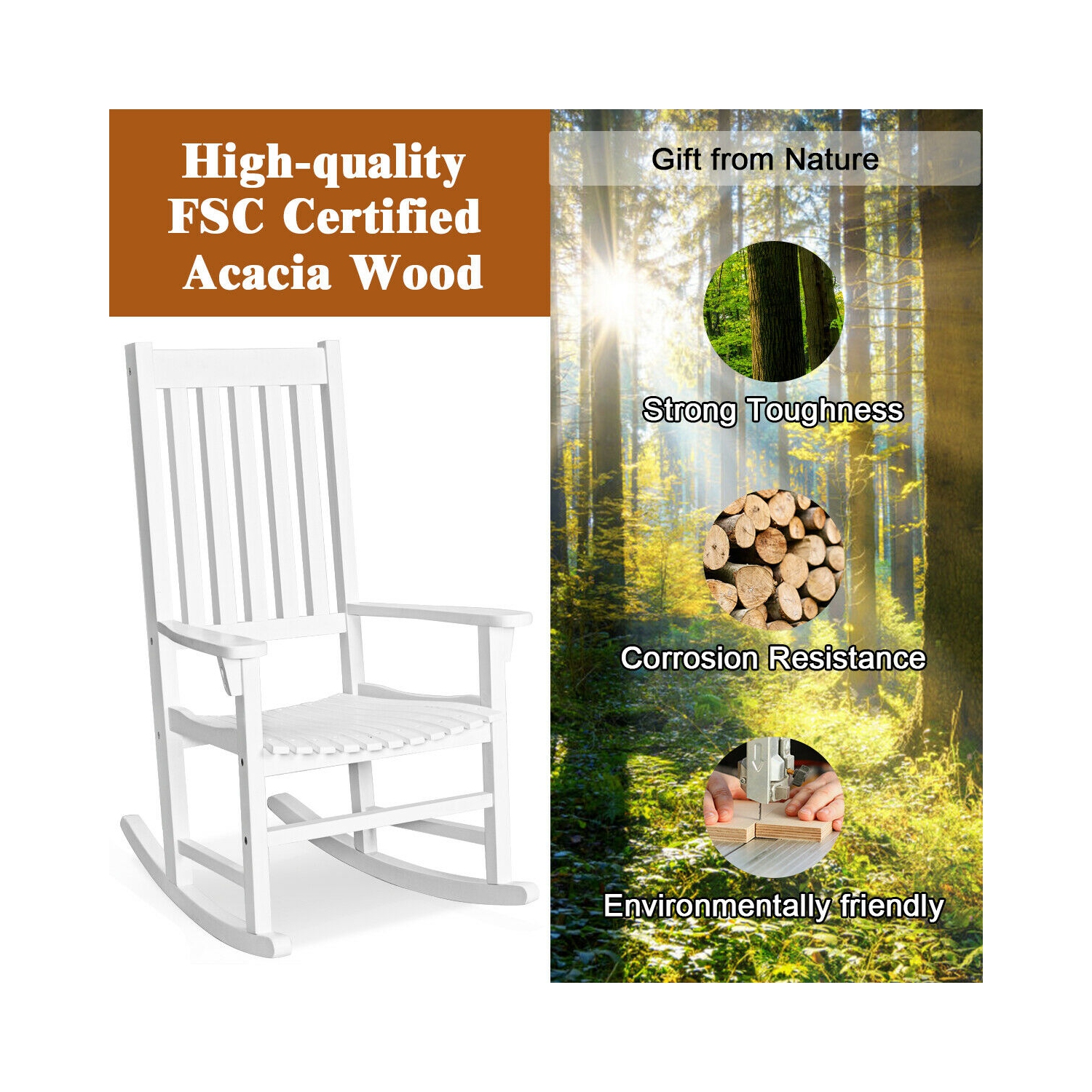 Gymax 2PCS Wood Rocking Chair Porch Rocker High Back Garden Seat Indoor Outdoor