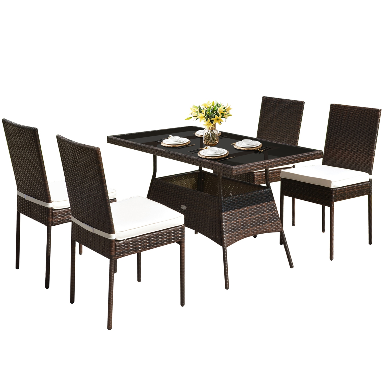 5PCS Ensemble de tables et chaises de patio en rotin Ensemble de meubles d'extérieur avec coussin Gymax