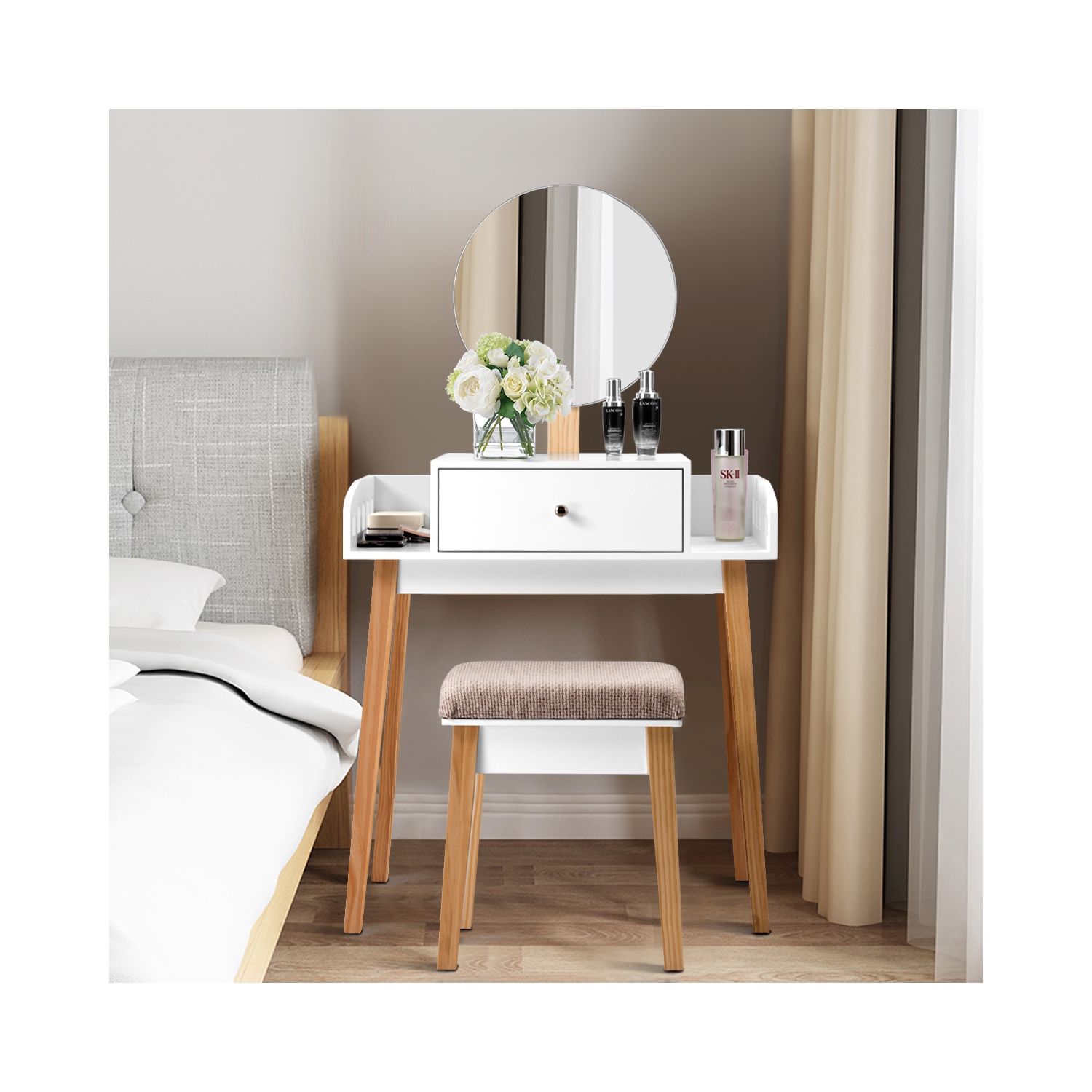 Gymax Makeup Dressing Table Stool Wooden Vanity Set w/ Round Mirror Drawer