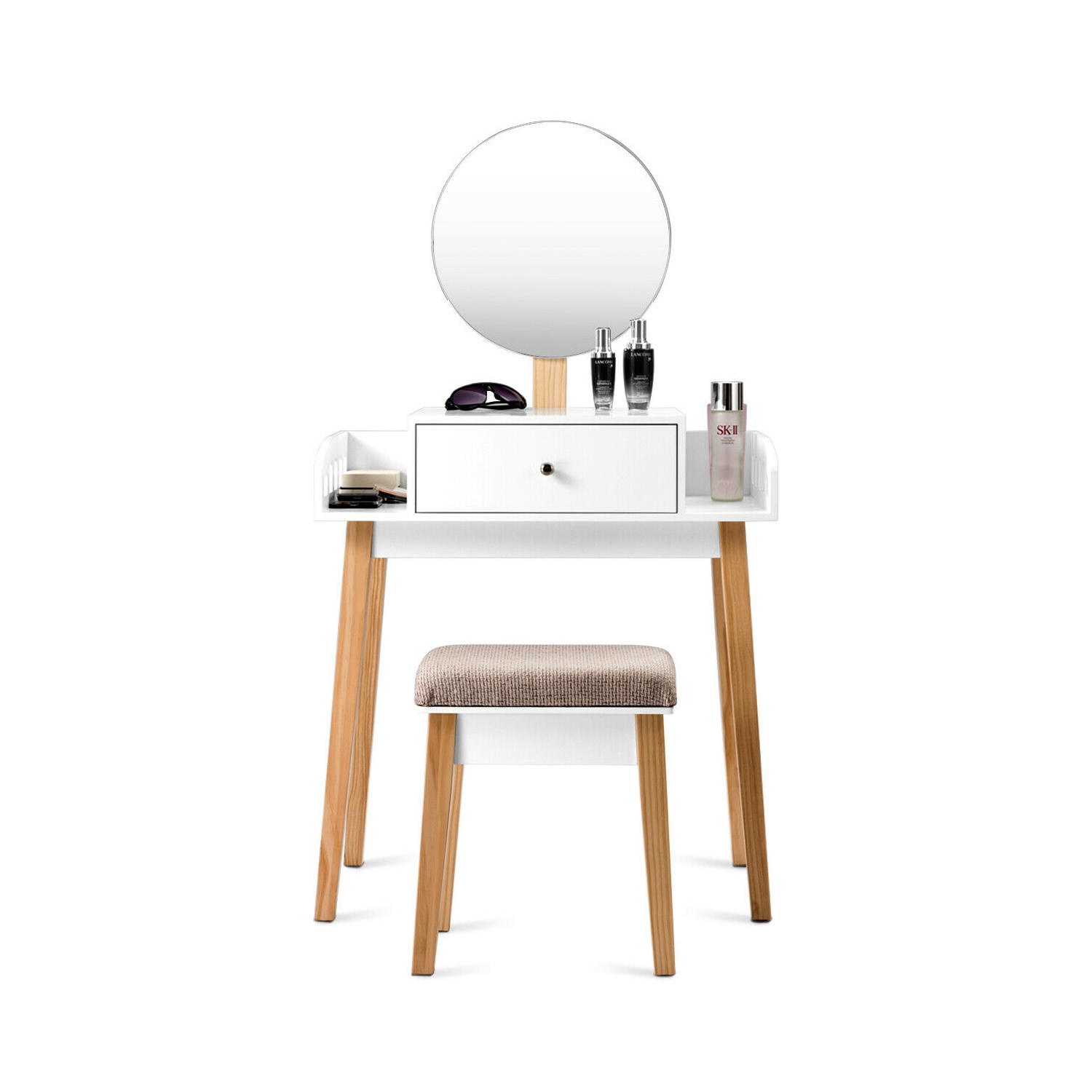 Gymax Makeup Dressing Table Stool Wooden Vanity Set w/ Round Mirror Drawer
