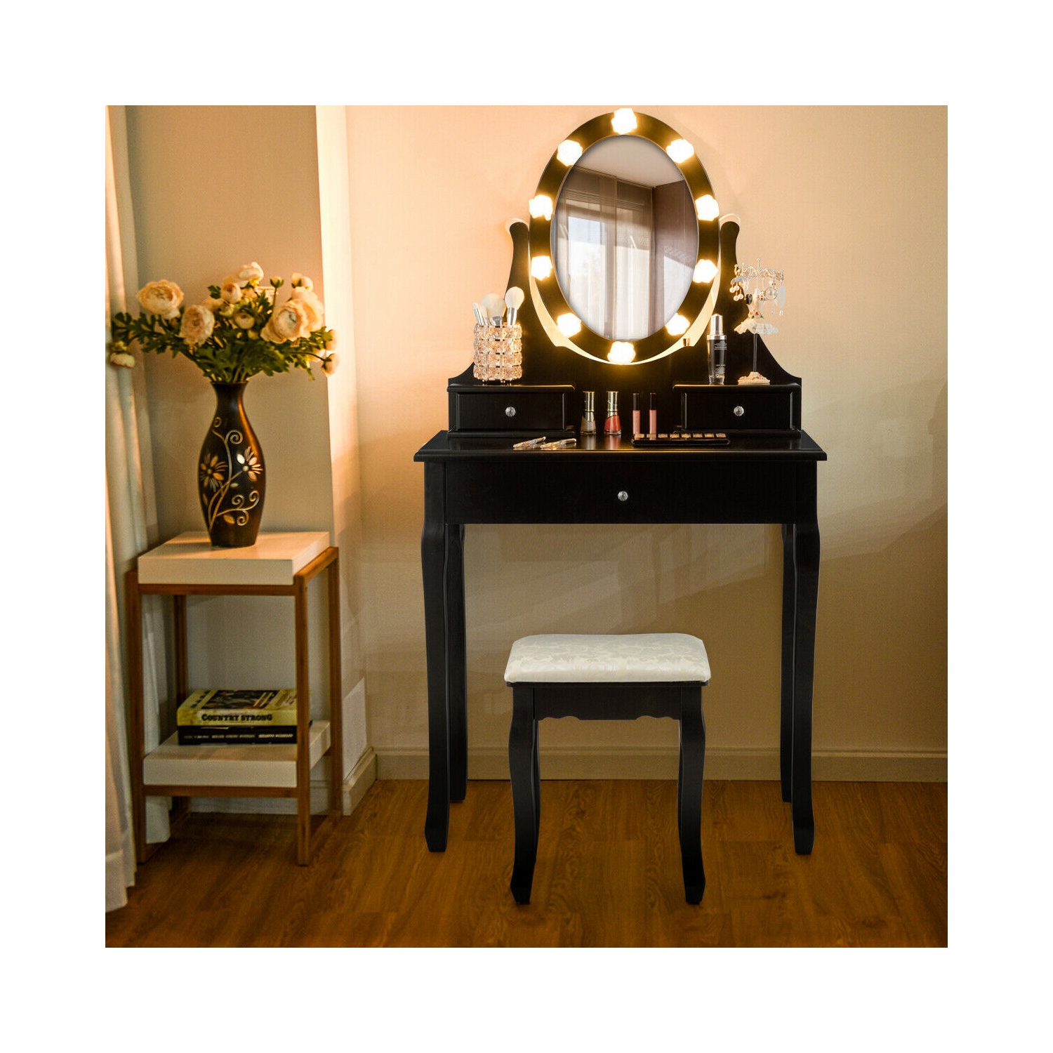Gymax Bedroom Vanity Set Makeup Dressing Table 3 Drawers Lighted Mirror W/10 LED Bulbs Black