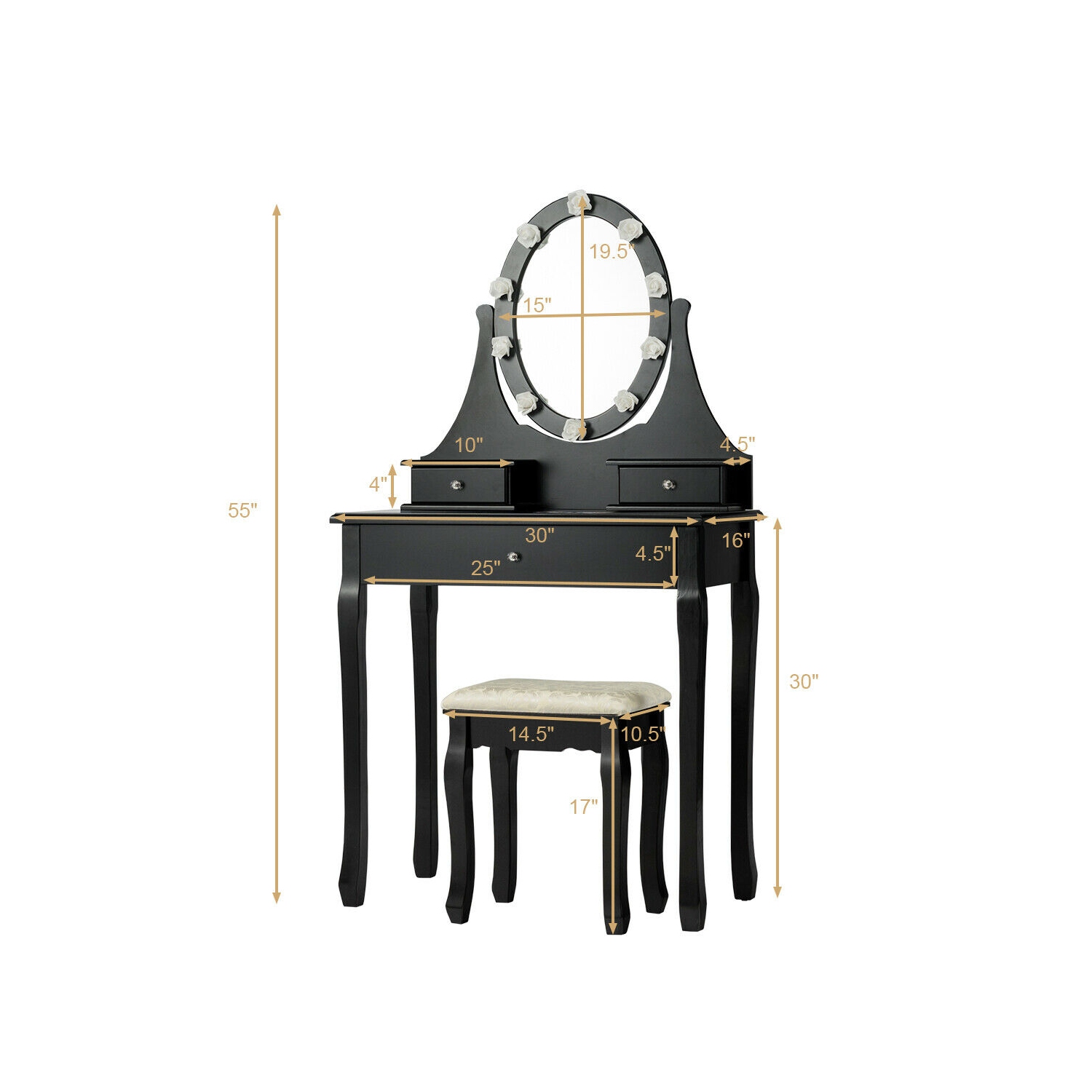 Gymax Bedroom Vanity Set Makeup Dressing Table 3 Drawers Lighted Mirror W/10 LED Bulbs Black