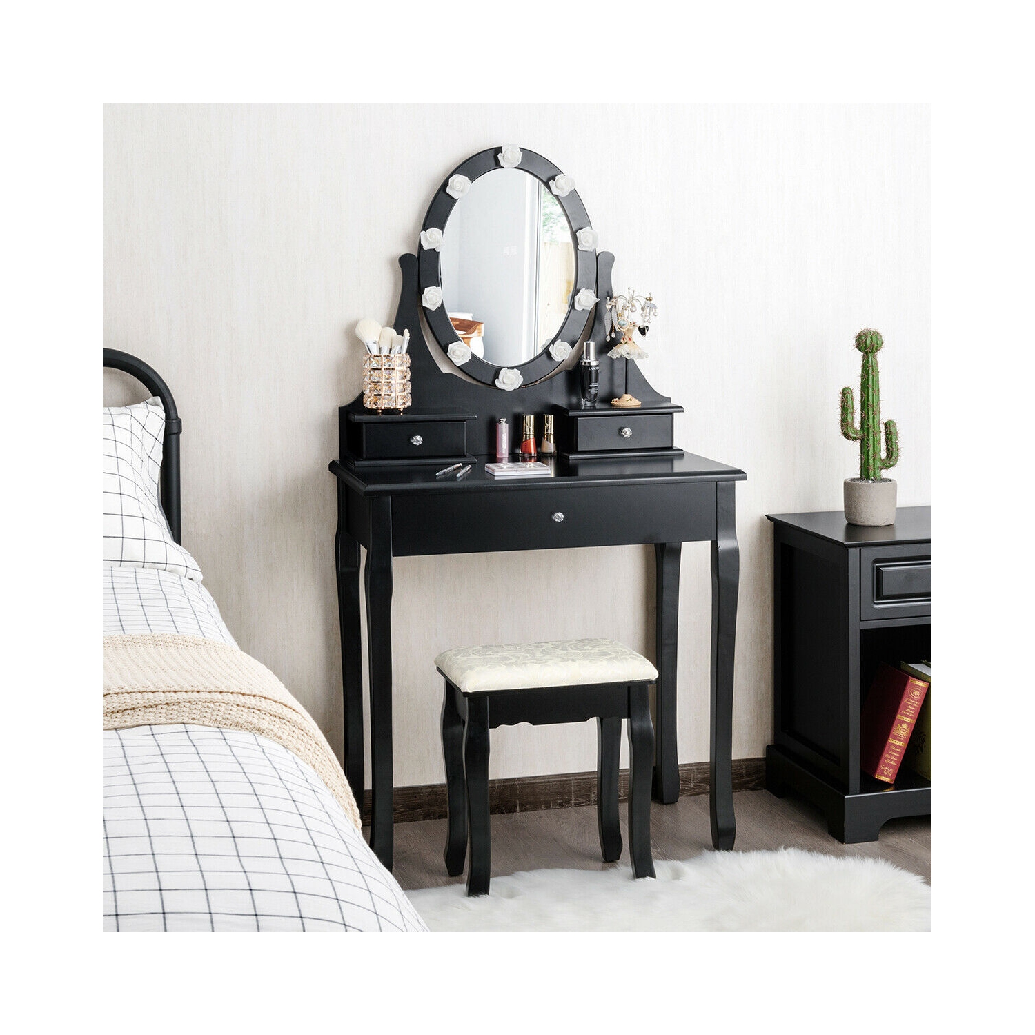 Gymax Bedroom Vanity Set Makeup Dressing Table 3 Drawers Lighted Mirror W/10 LED Bulbs Black