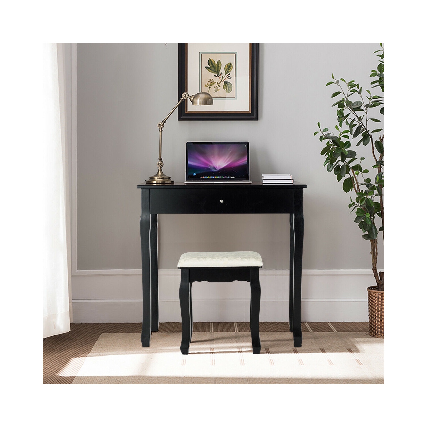 Gymax Bedroom Vanity Set Makeup Dressing Table 3 Drawers Lighted Mirror W/10 LED Bulbs Black