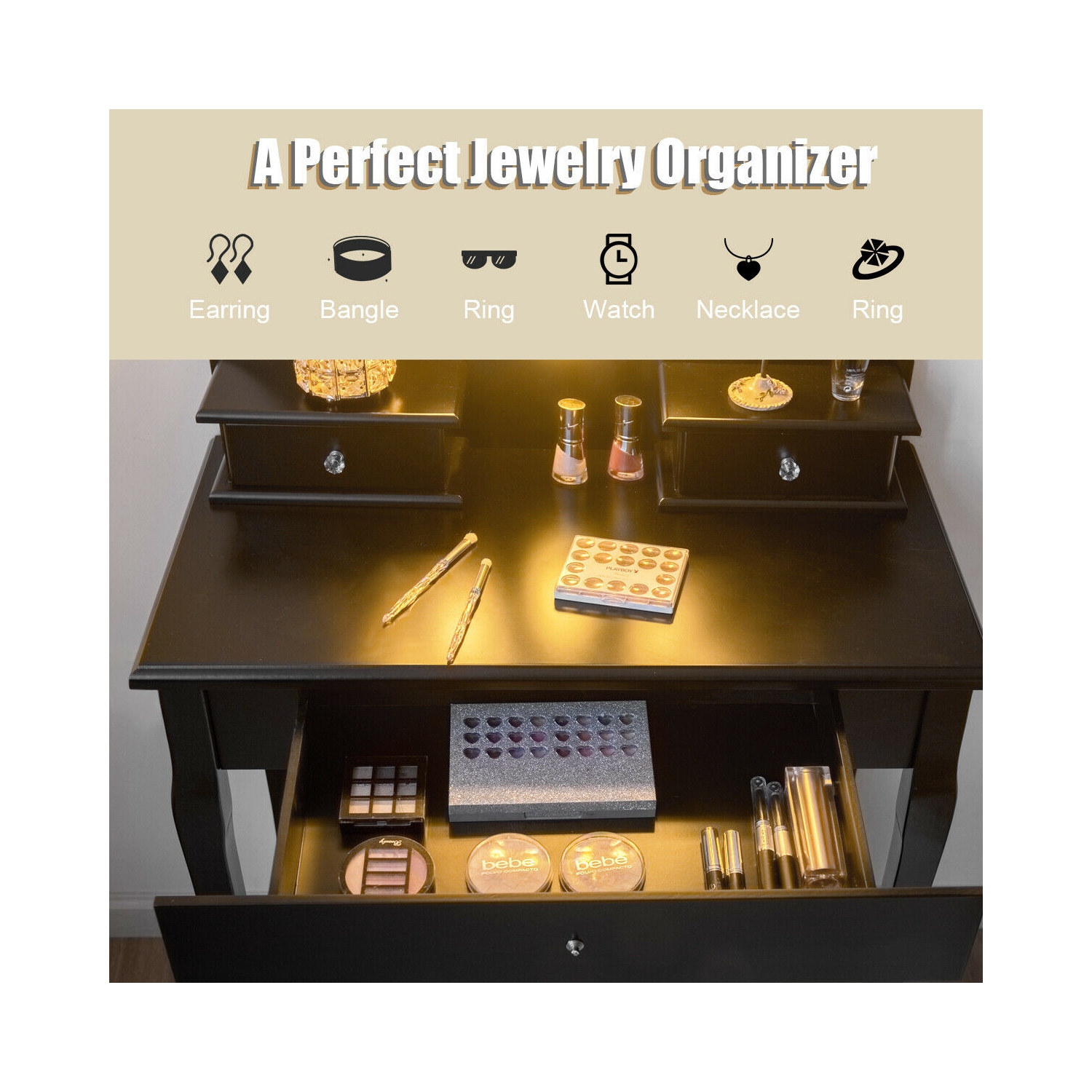 Gymax Bedroom Vanity Set Makeup Dressing Table 3 Drawers Lighted Mirror W/10 LED Bulbs Black