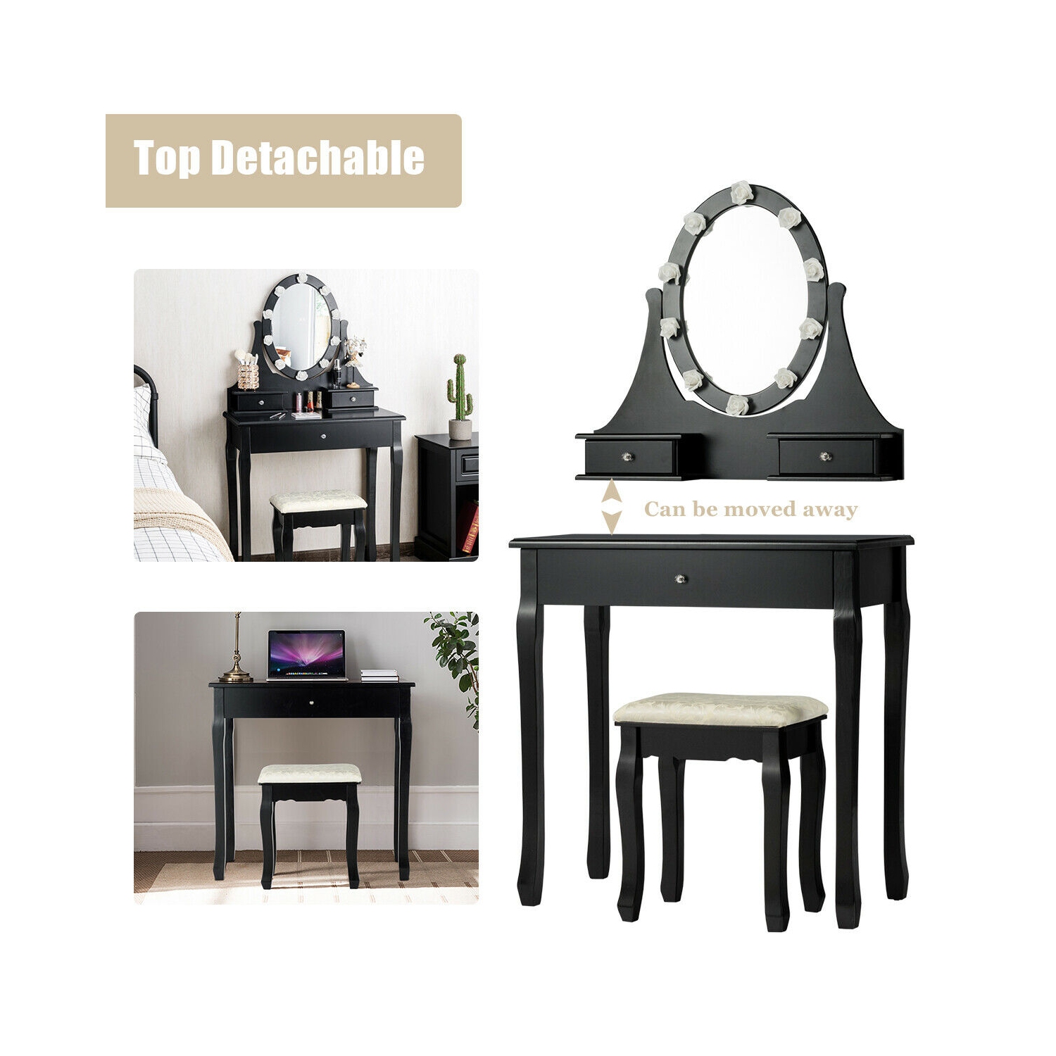 Gymax Bedroom Vanity Set Makeup Dressing Table 3 Drawers Lighted Mirror W/10 LED Bulbs Black