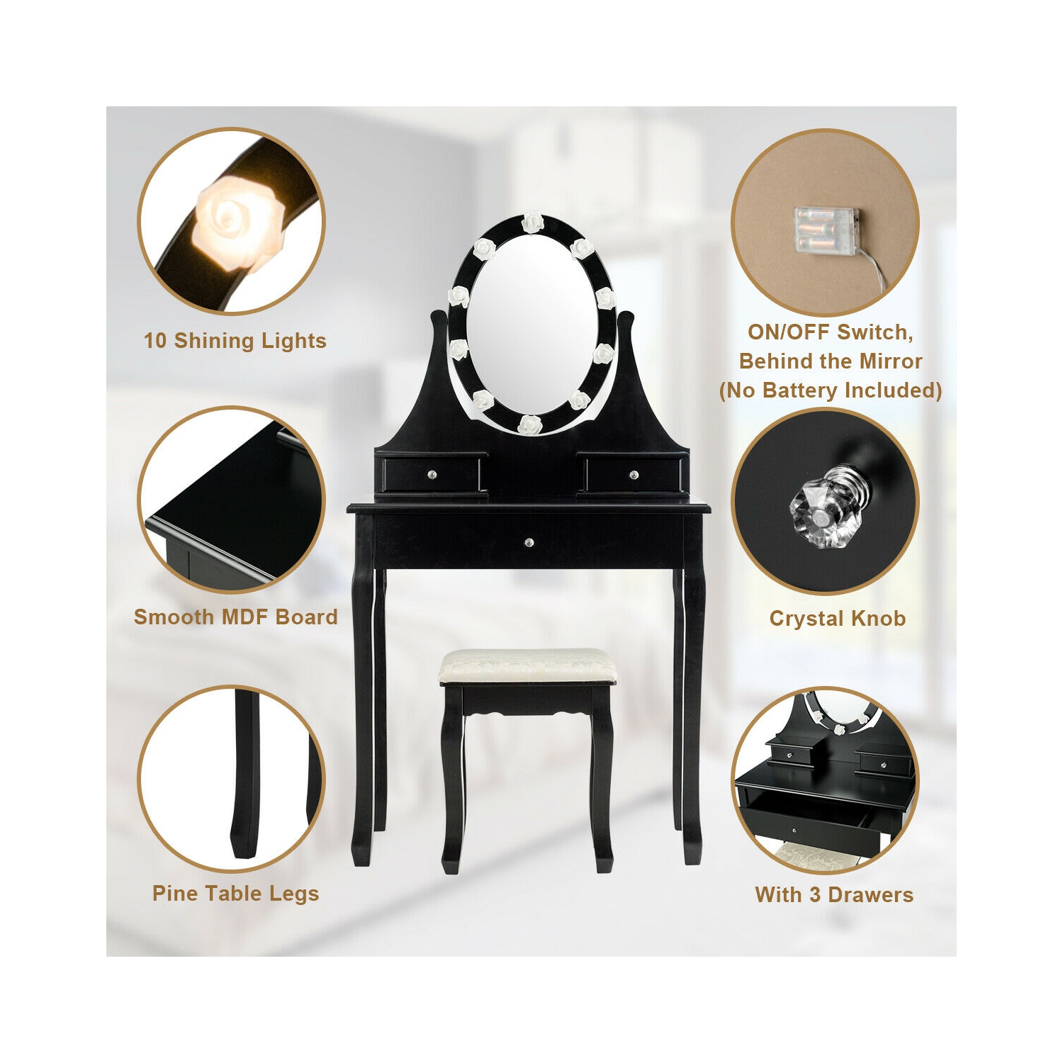 Gymax Bedroom Vanity Set Makeup Dressing Table 3 Drawers Lighted Mirror W/10 LED Bulbs Black