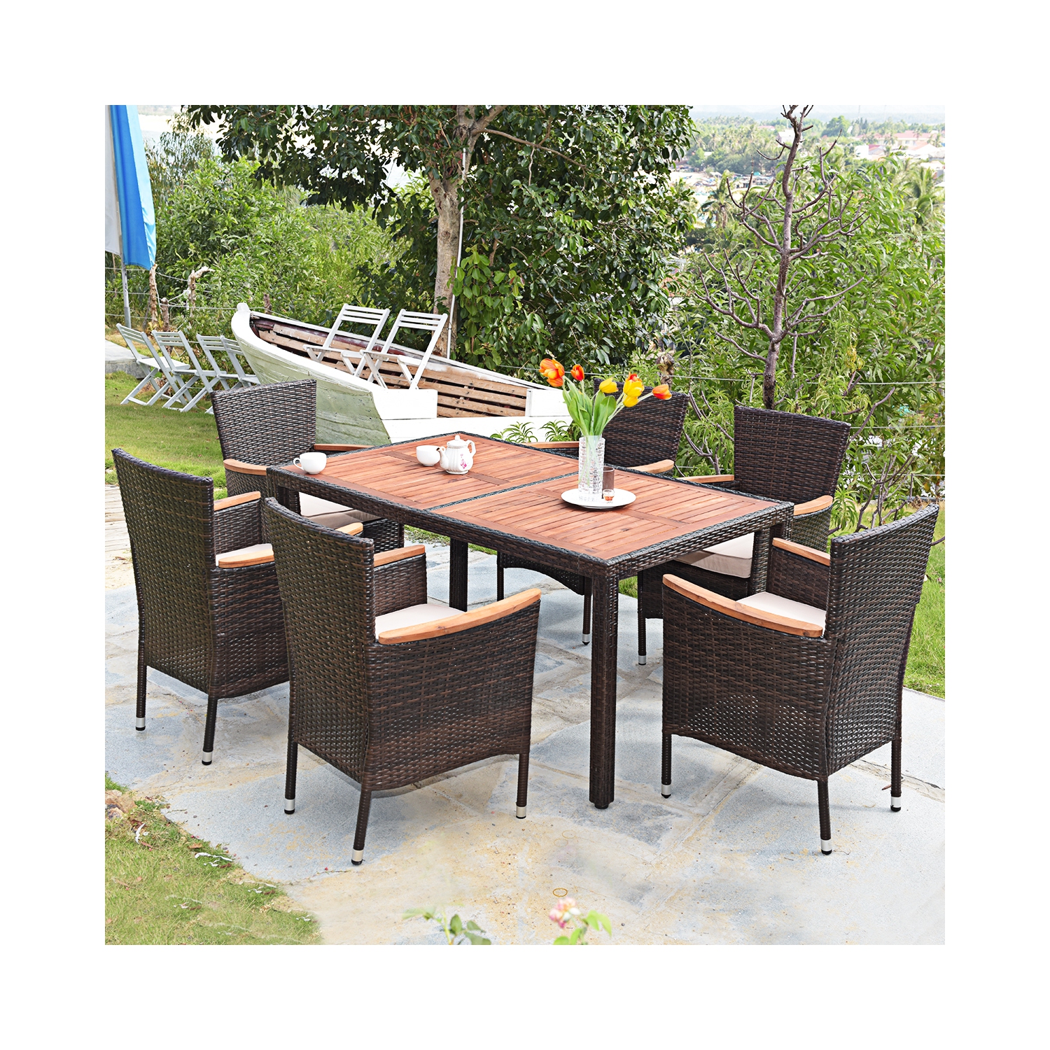 7PCS Ensemble mobilier de salle à manger en rotin 6 chaises avec coussins Patio marque Gymax
