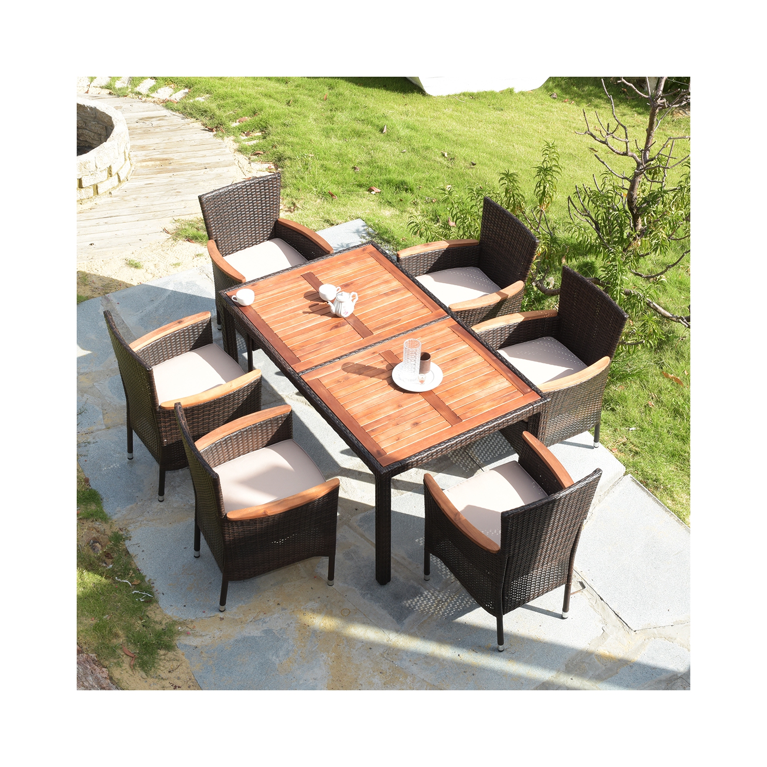 7PCS Ensemble mobilier de salle à manger en rotin 6 chaises avec coussins Patio marque Gymax