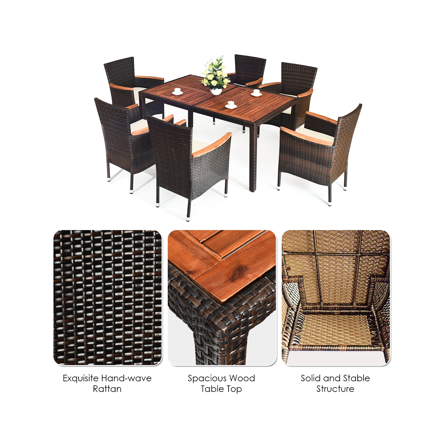 7PCS Ensemble mobilier de salle à manger en rotin 6 chaises avec coussins Patio marque Gymax