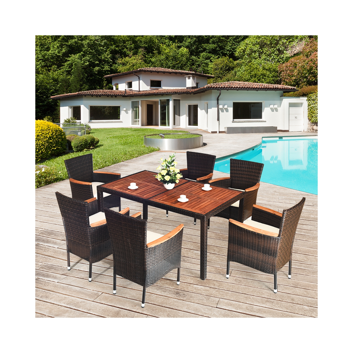 7PCS Ensemble mobilier de salle à manger en rotin 6 chaises avec coussins Patio marque Gymax