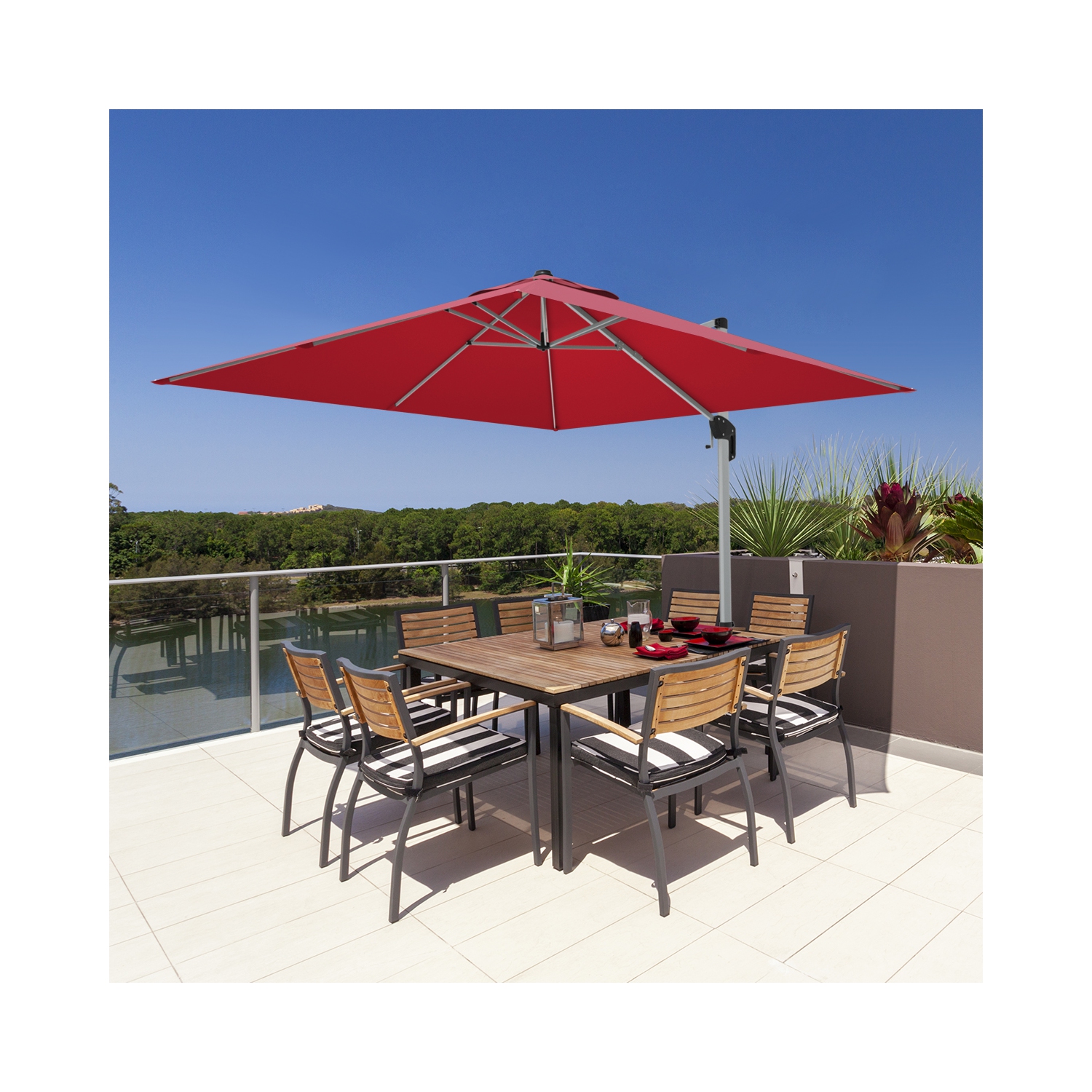 Gymax 10Ft Square Offset Hanging Patio Umbrella w/ Base 360 Degree Tilt Brick Red/Red/Blue/Beige/Tan