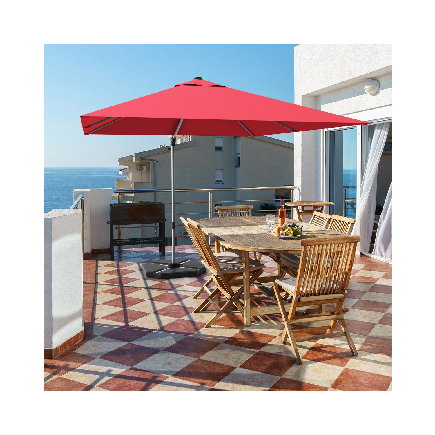 Gymax 10Ft Square Offset Hanging Patio Umbrella w/ Base 360 Degree Tilt Brick Red/Red/Blue/Beige/Tan
