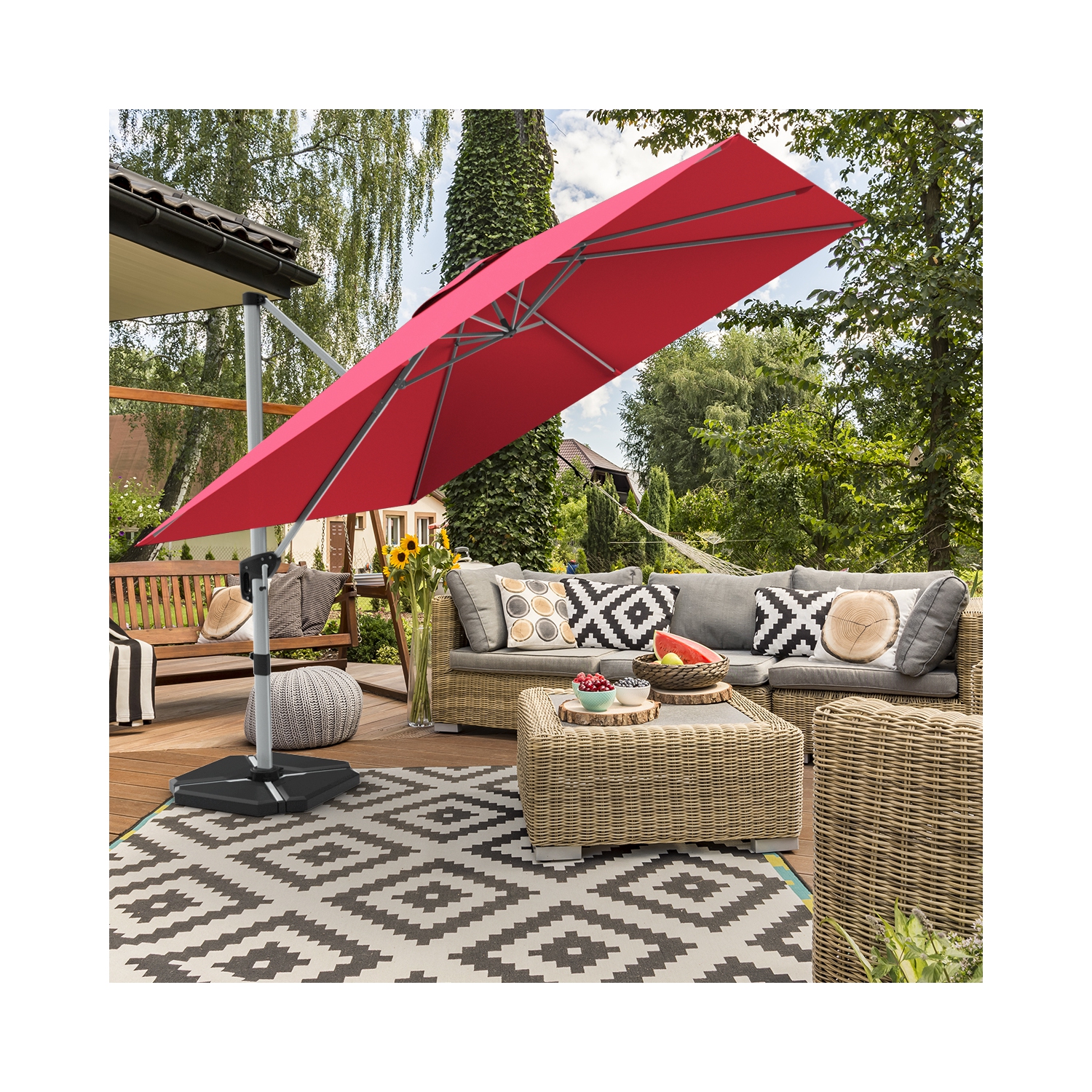 Gymax 10Ft Square Offset Hanging Patio Umbrella w/ Base 360 Degree Tilt Brick Red/Red/Blue/Beige/Tan