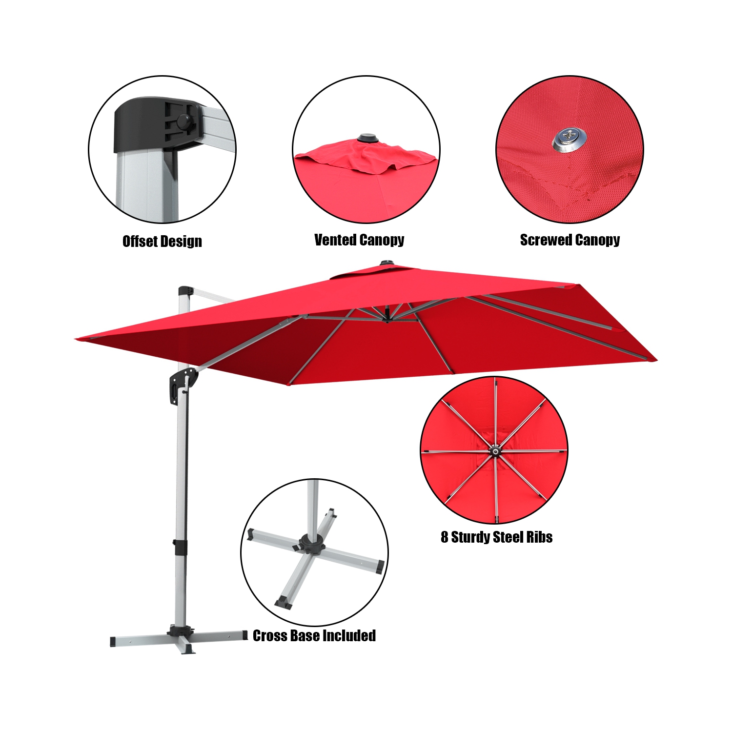 Gymax 10Ft Square Offset Hanging Patio Umbrella w/ Base 360 Degree Tilt Brick Red/Red/Blue/Beige/Tan