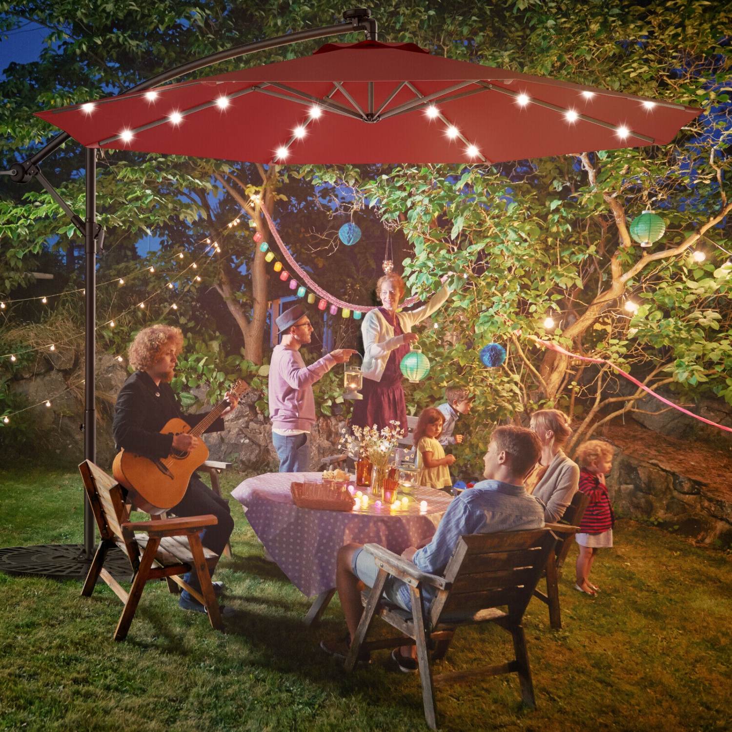 Gymax 10Ft Patio Solar LED Outdoor Offset Hanging Umbrella w/ 24 Lights