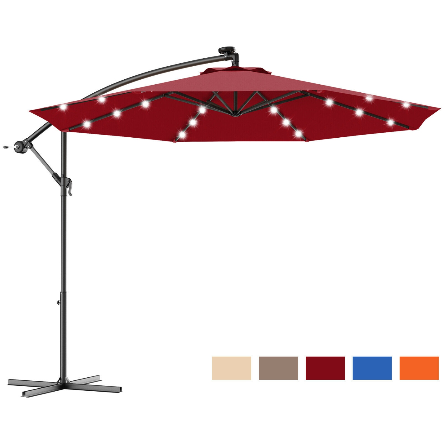 Gymax 10Ft Patio Solar LED Outdoor Offset Hanging Umbrella w/ 24 Lights