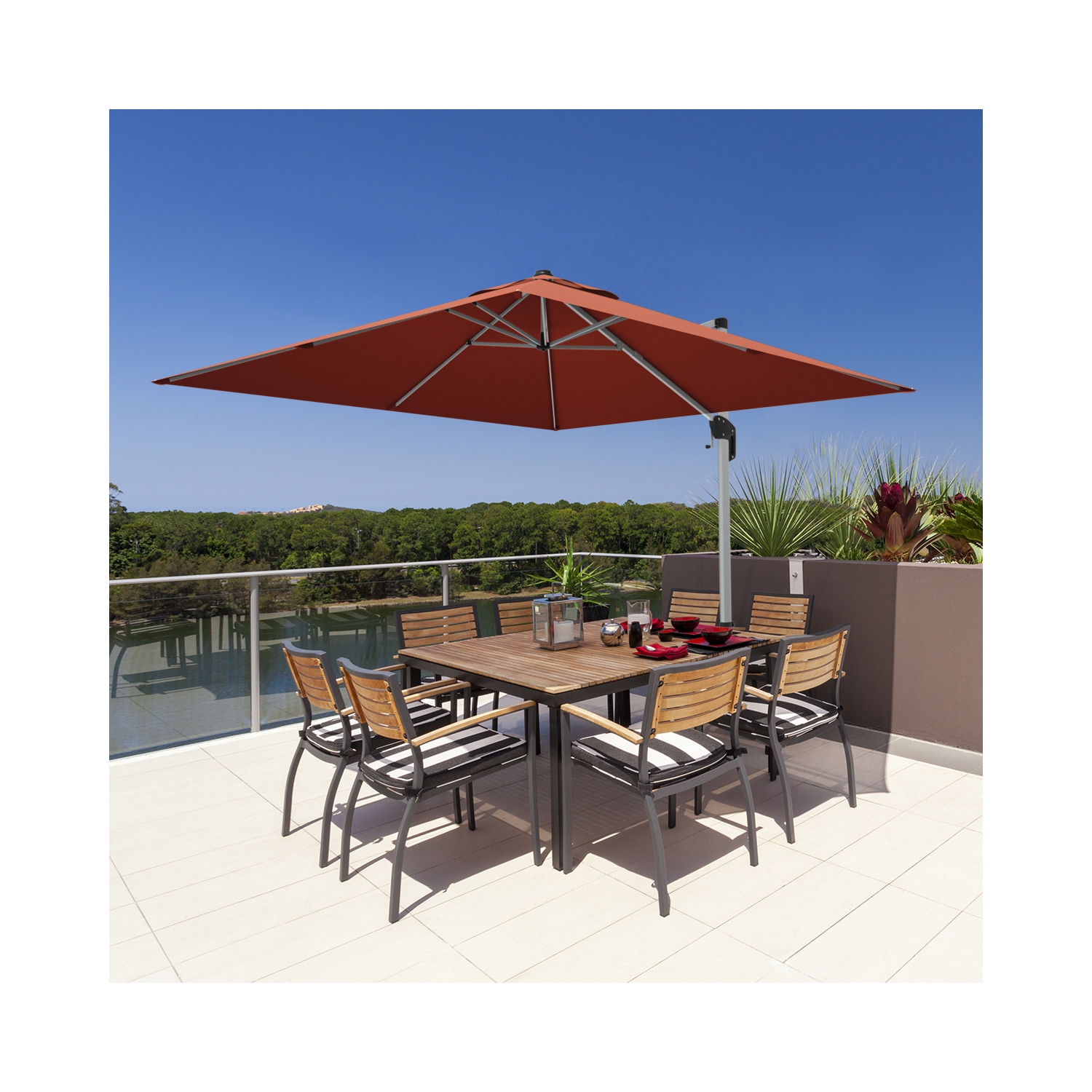 Gymax 10Ft Square Offset Hanging Patio Umbrella w/ Base 360 Degree Tilt Brick Red/Red/Blue/Beige/Tan