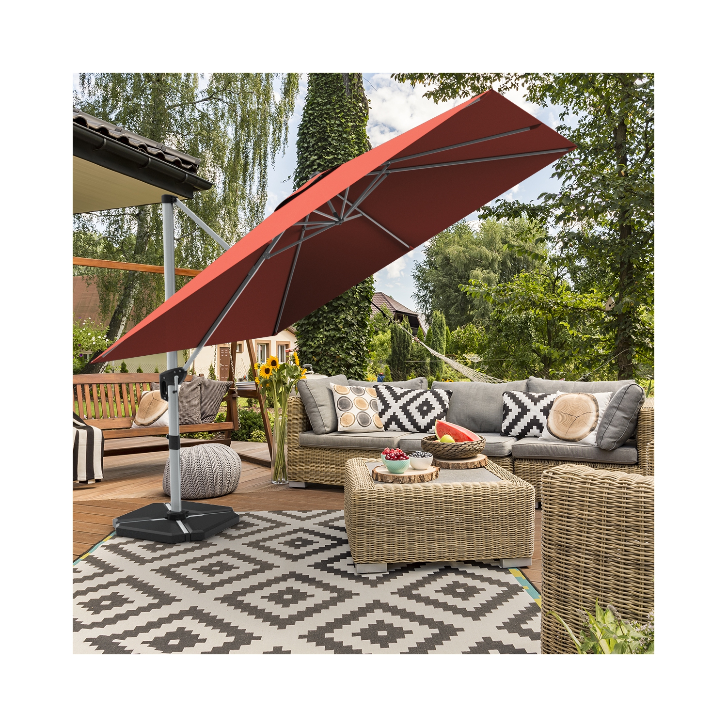 Gymax 10Ft Square Offset Hanging Patio Umbrella w/ Base 360 Degree Tilt Brick Red/Red/Blue/Beige/Tan