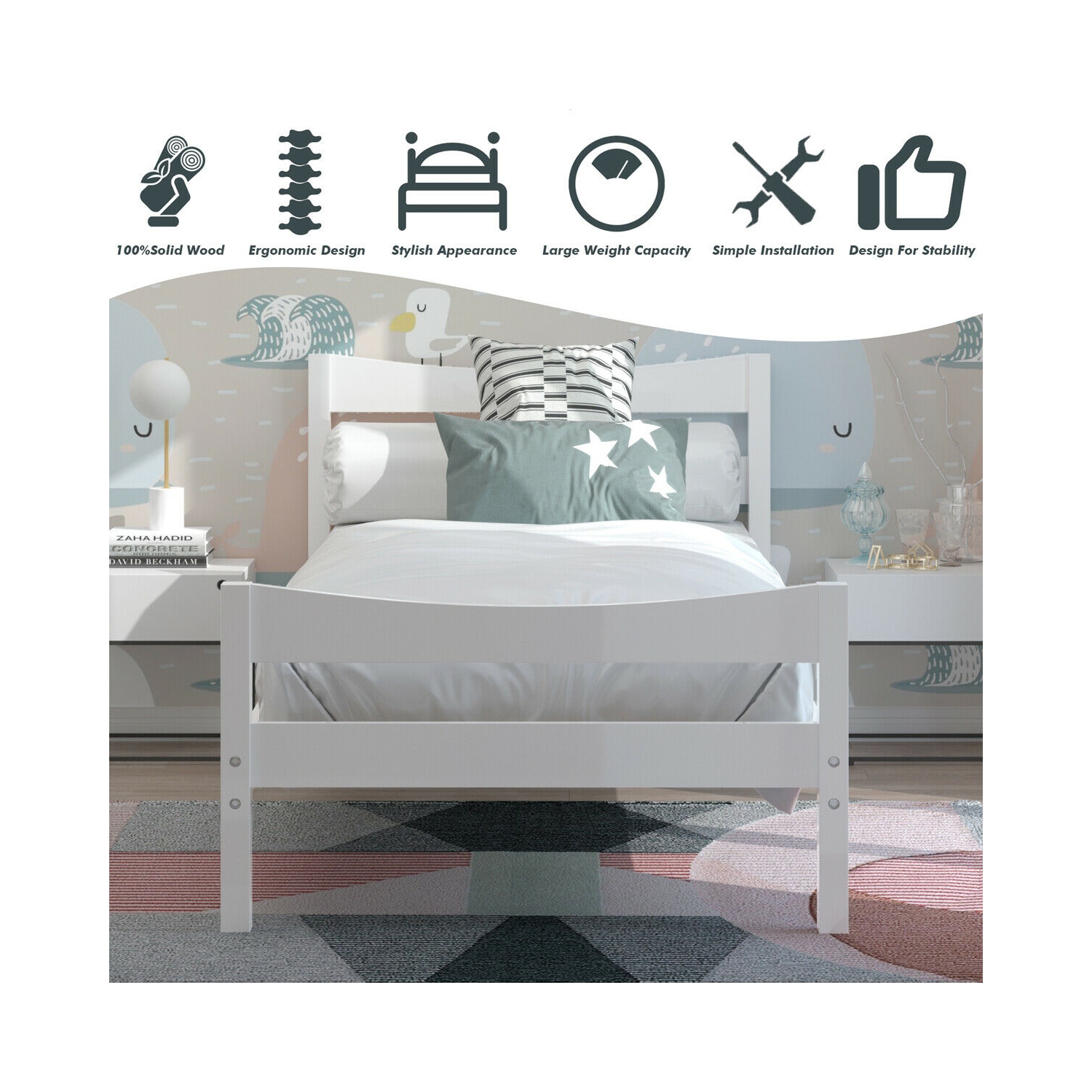 Gymax Twin Size Platform Bed Frame Foundation w/Headboard &Wood Slat Support White