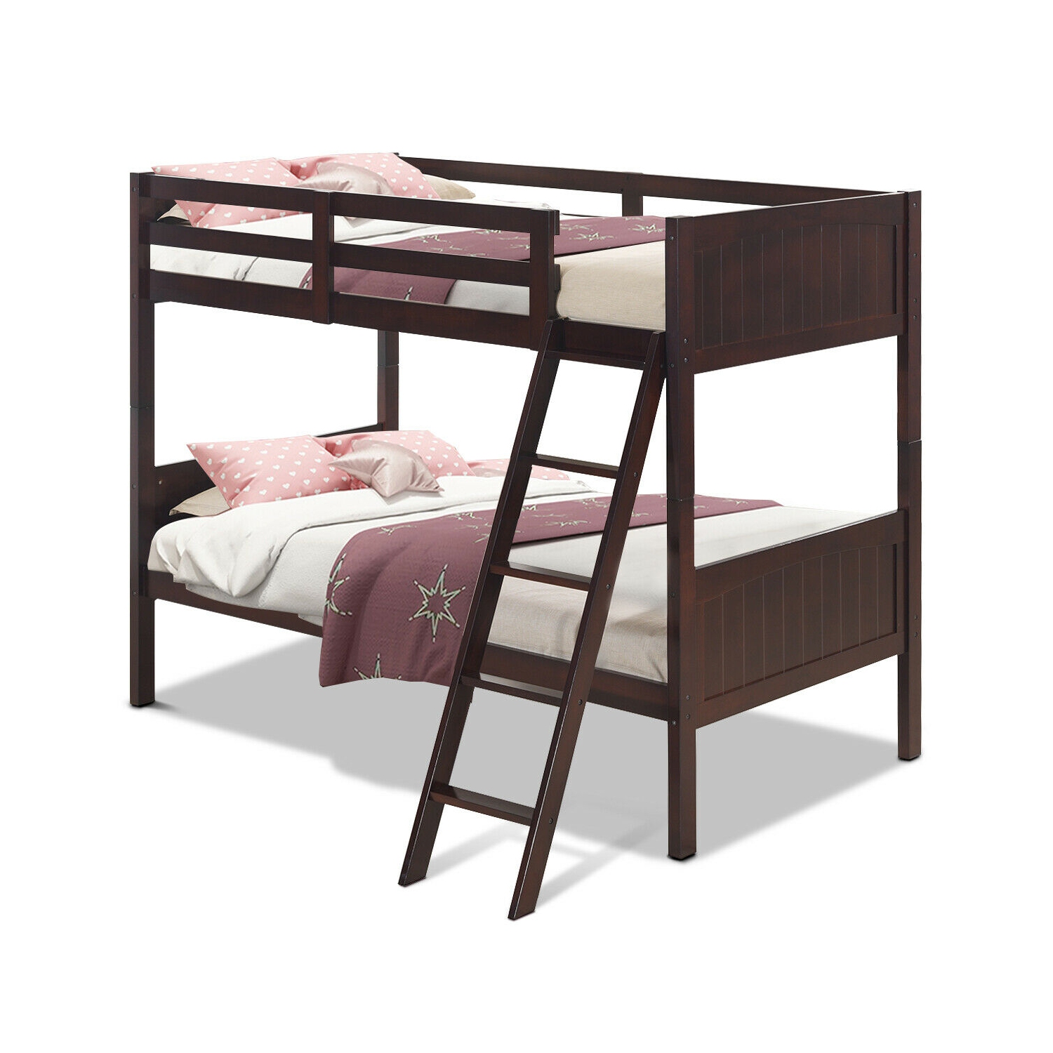 Gymax Wooden Twin Over Twin Bunk Beds Convertable 2 Individual Twin Beds Espresso