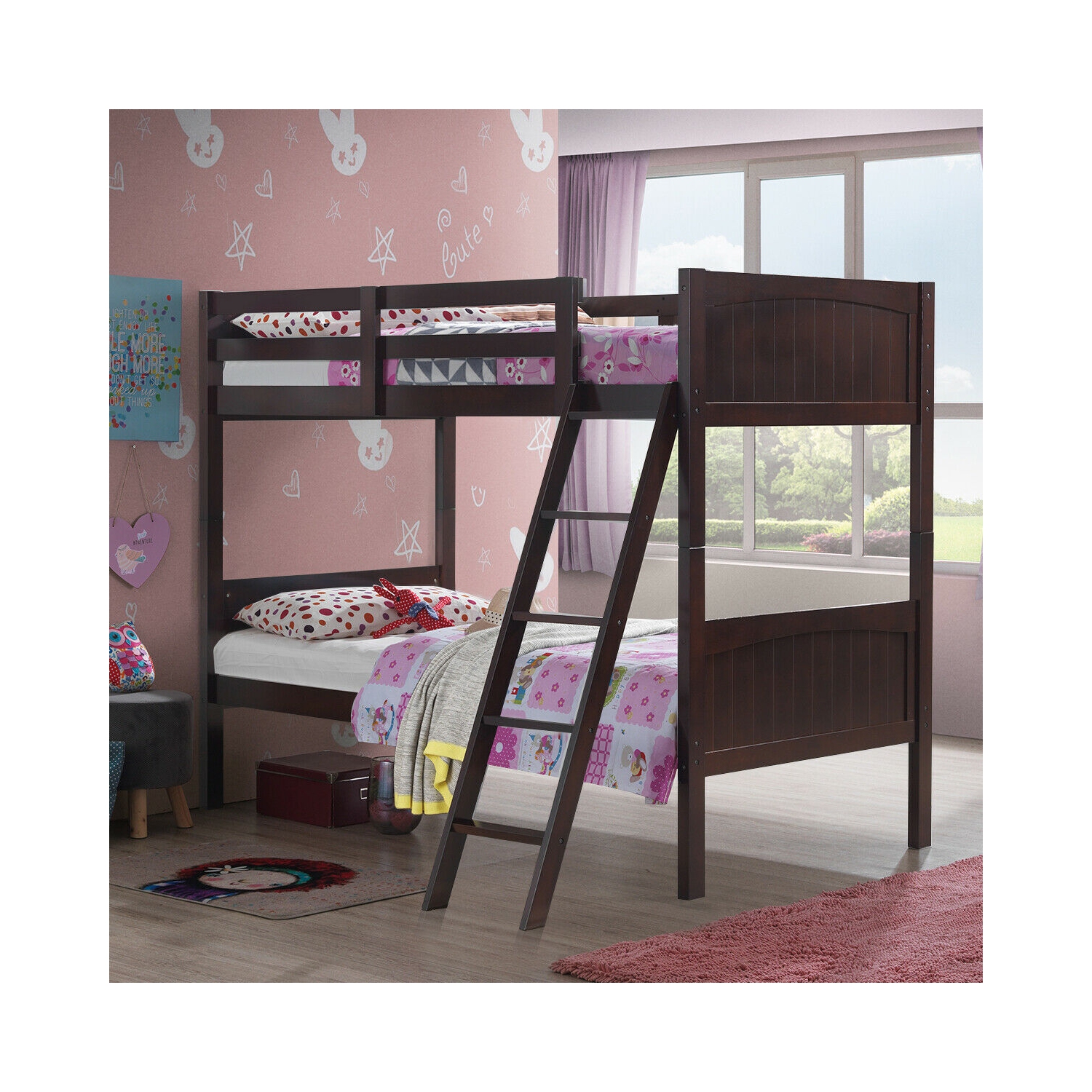 Gymax Wooden Twin Over Twin Bunk Beds Convertable 2 Individual Twin Beds Espresso