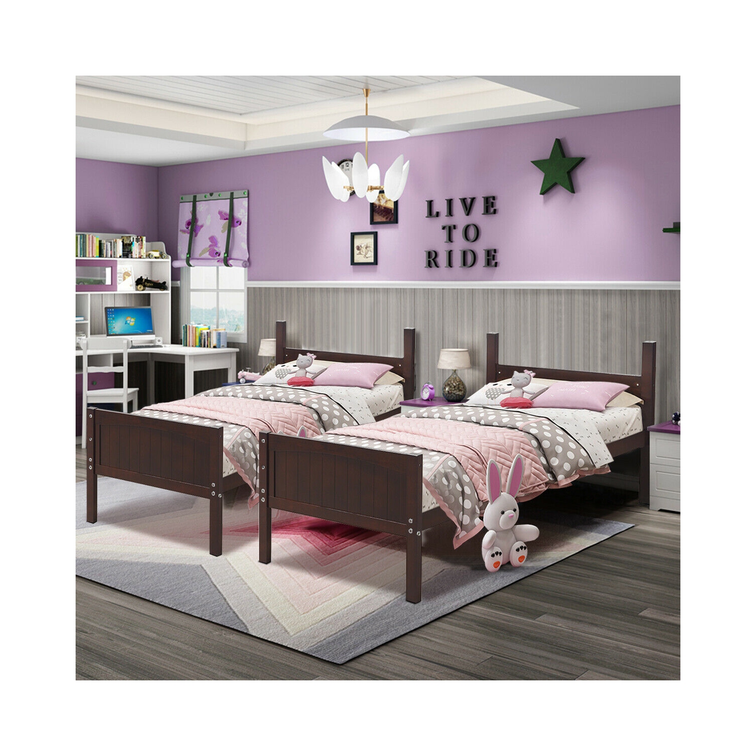 Gymax Wooden Twin Over Twin Bunk Beds Convertable 2 Individual Twin Beds Espresso