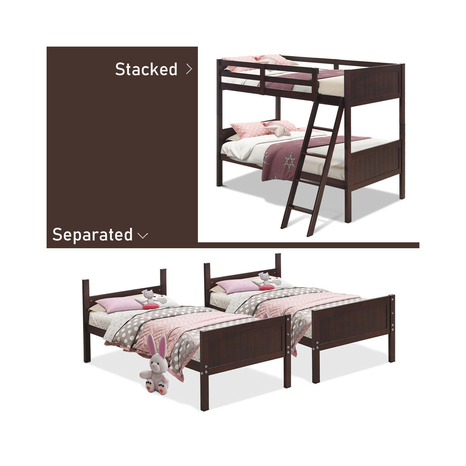 Gymax Wooden Twin Over Twin Bunk Beds Convertable 2 Individual Twin Beds Espresso