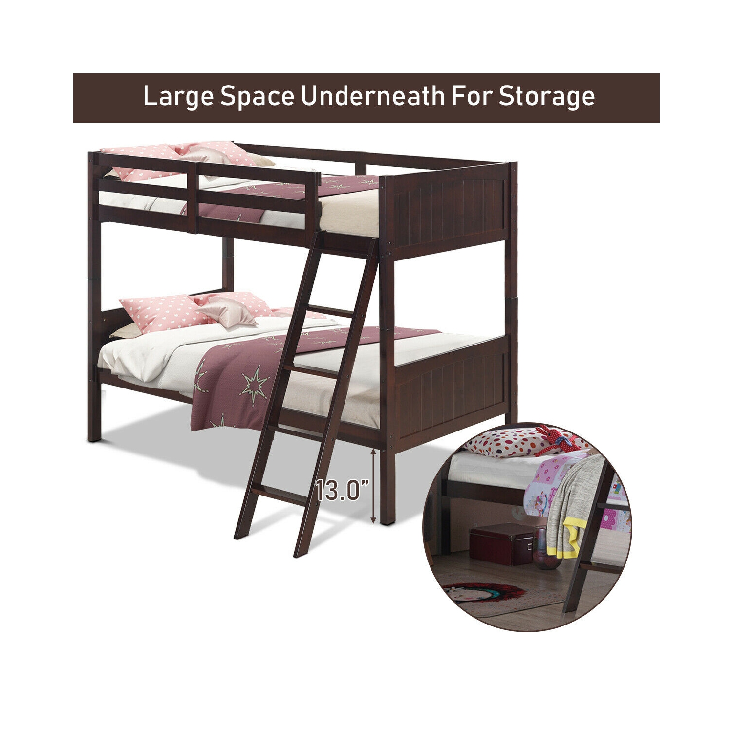 Gymax Wooden Twin Over Twin Bunk Beds Convertable 2 Individual Twin Beds Espresso