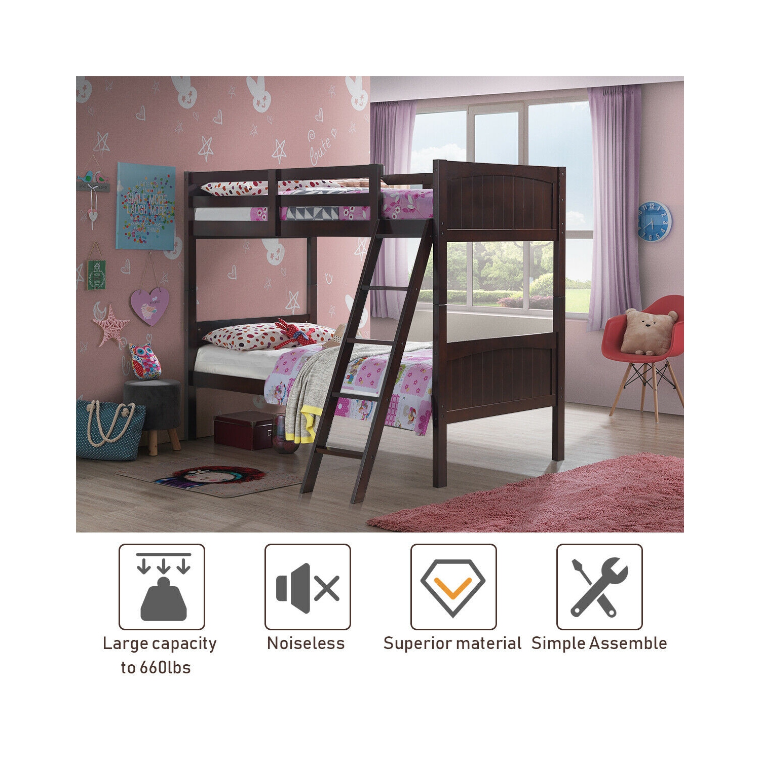 Gymax Wooden Twin Over Twin Bunk Beds Convertable 2 Individual Twin Beds Espresso