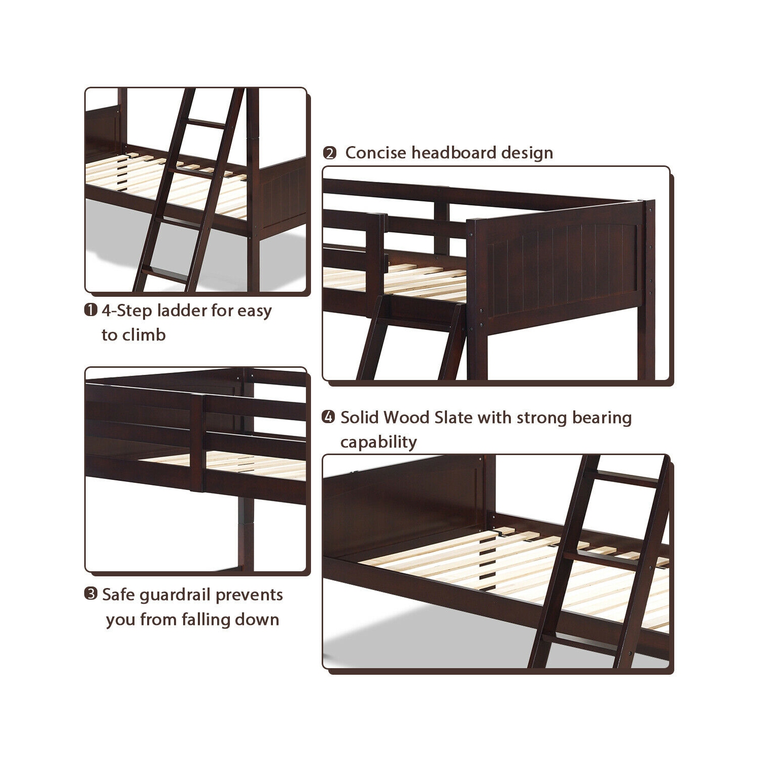 Gymax Wooden Twin Over Twin Bunk Beds Convertable 2 Individual Twin Beds Espresso