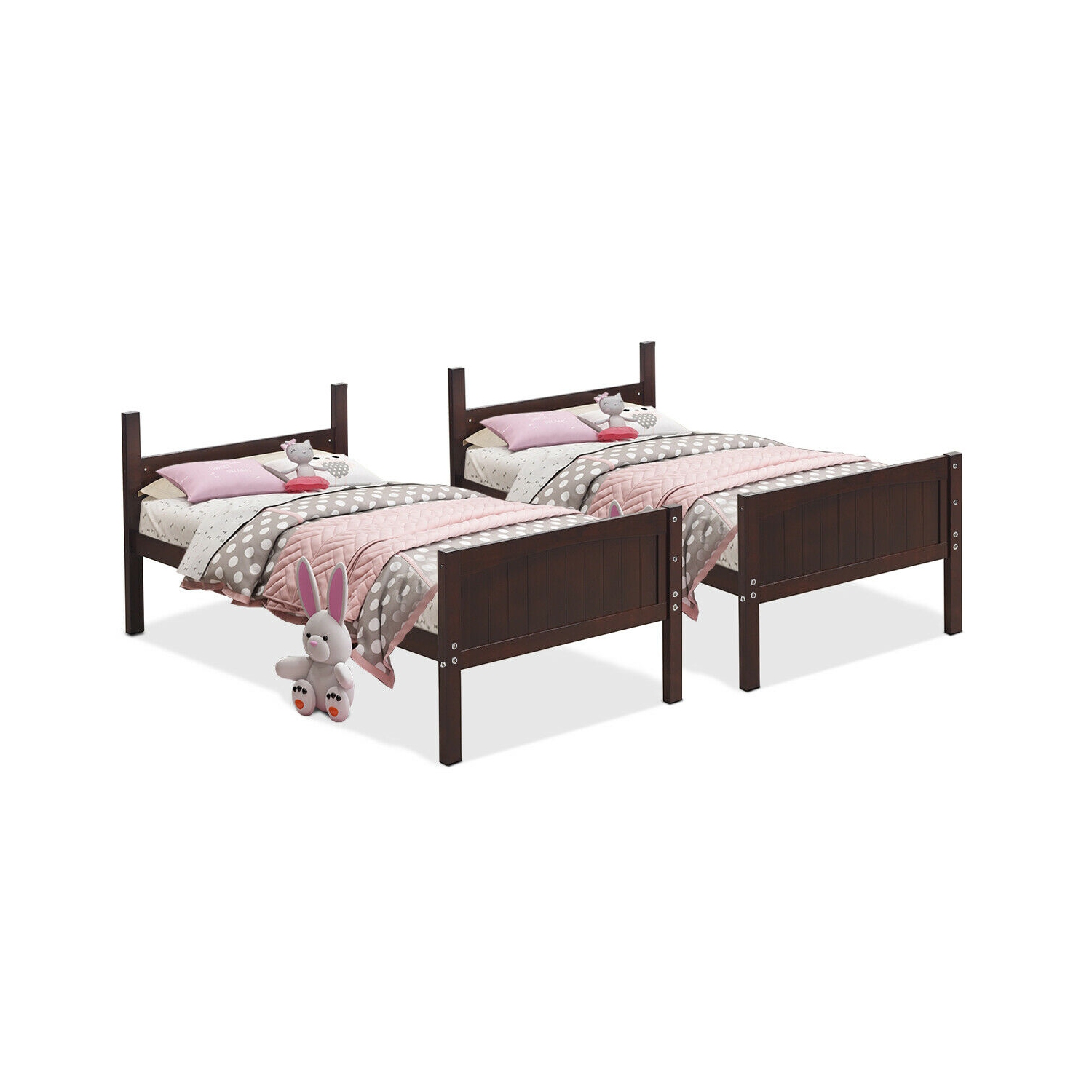 Gymax Wooden Twin Over Twin Bunk Beds Convertable 2 Individual Twin Beds Espresso