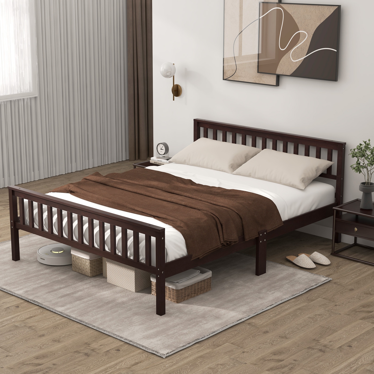 Gymax Wood Bed Frame Wood Slats Support Platform W/ Headboard &Footboard Queen Size