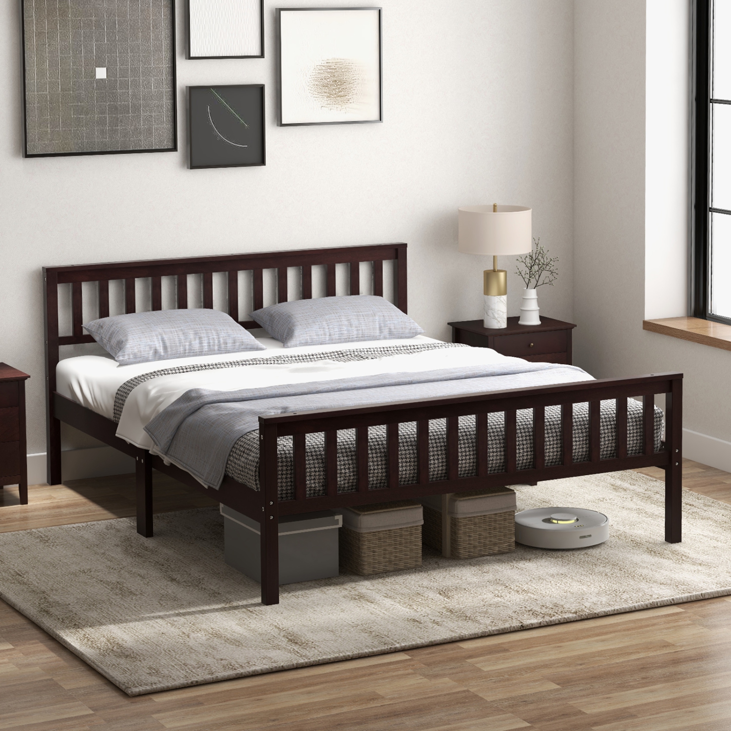 Gymax Wood Bed Frame Wood Slats Support Platform W/ Headboard &Footboard Queen Size