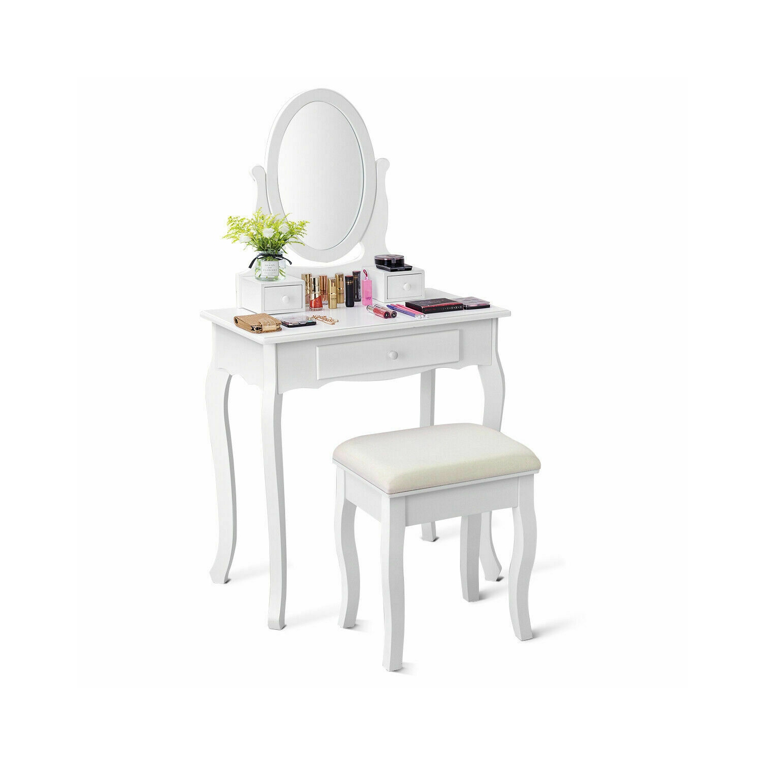 Gymax Makeup Dressing Table Stool Set w/ Drawers Mirror Vanity Set White