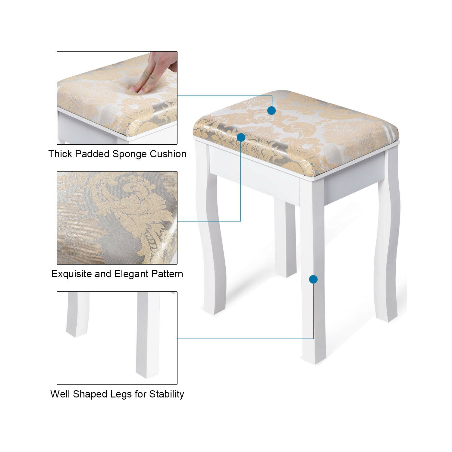 Gymax Makeup Dressing Table Stool Set w/ Drawers Mirror Vanity Set White