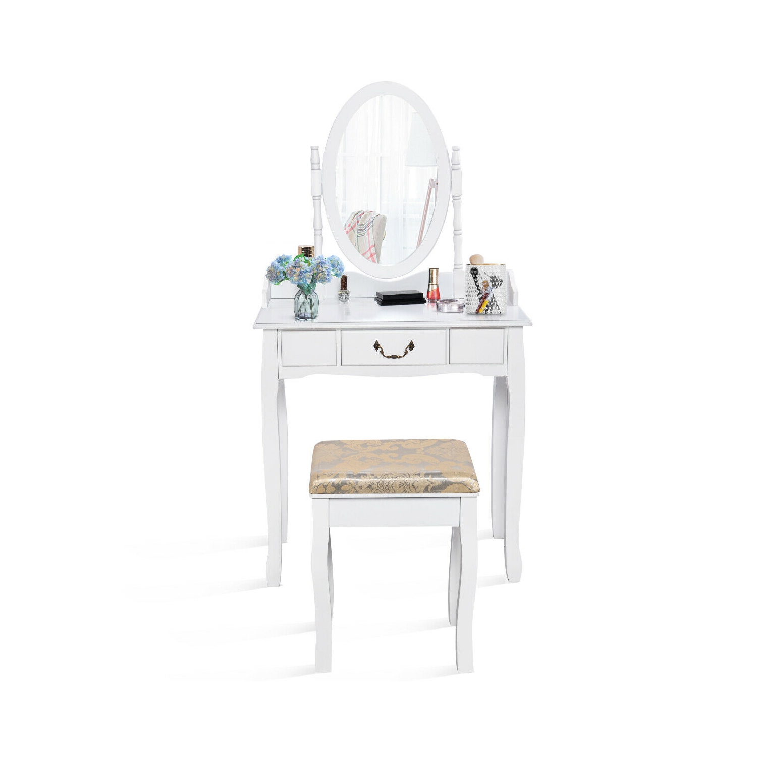 Gymax Makeup Dressing Table Stool Set w/ Drawers Mirror Vanity Set White