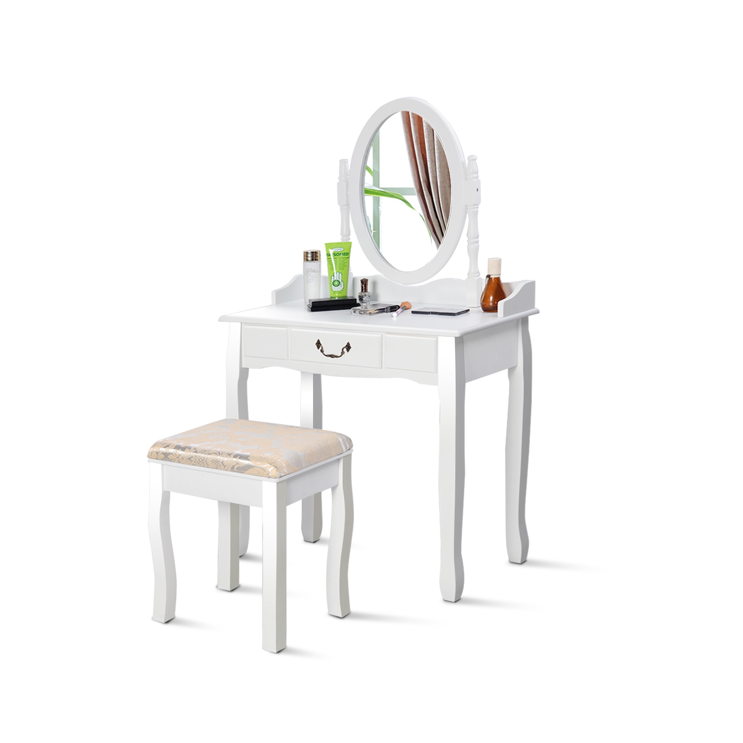 Gymax Makeup Dressing Table Stool Set w/ Drawers Mirror Vanity Set White