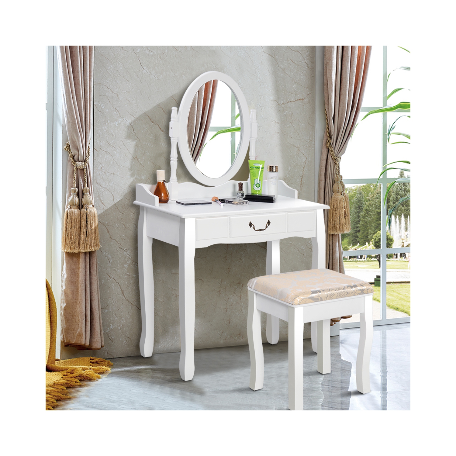 Gymax Makeup Dressing Table Stool Set w/ Drawers Mirror Vanity Set White