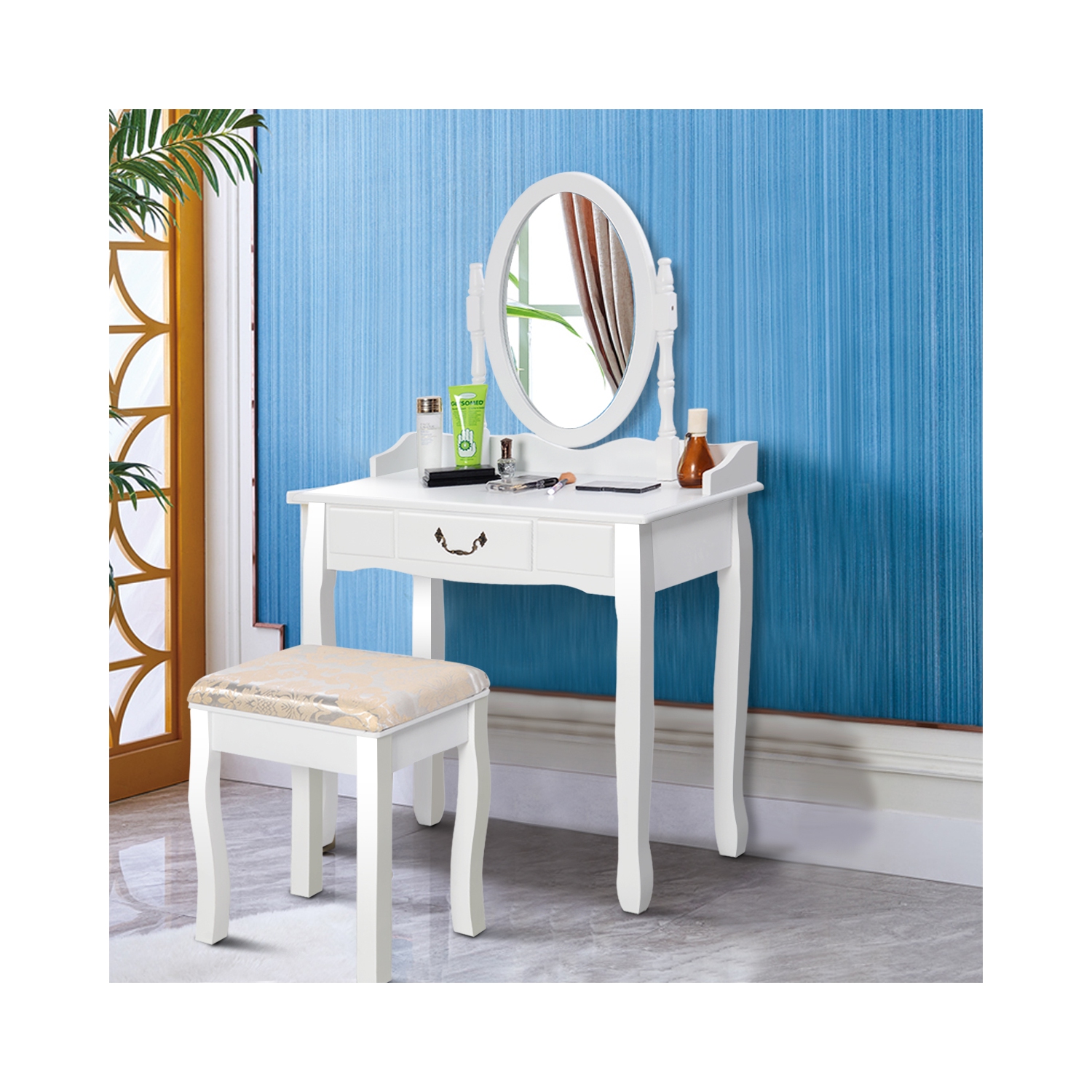Gymax Makeup Dressing Table Stool Set w/ Drawers Mirror Vanity Set White
