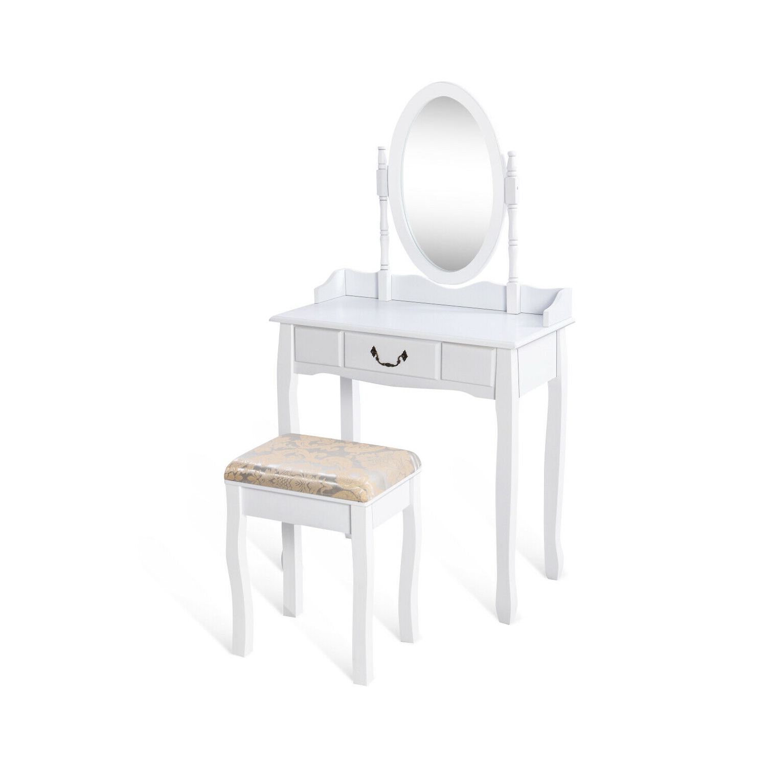 Gymax Makeup Dressing Table Stool Set w/ Drawers Mirror Vanity Set White