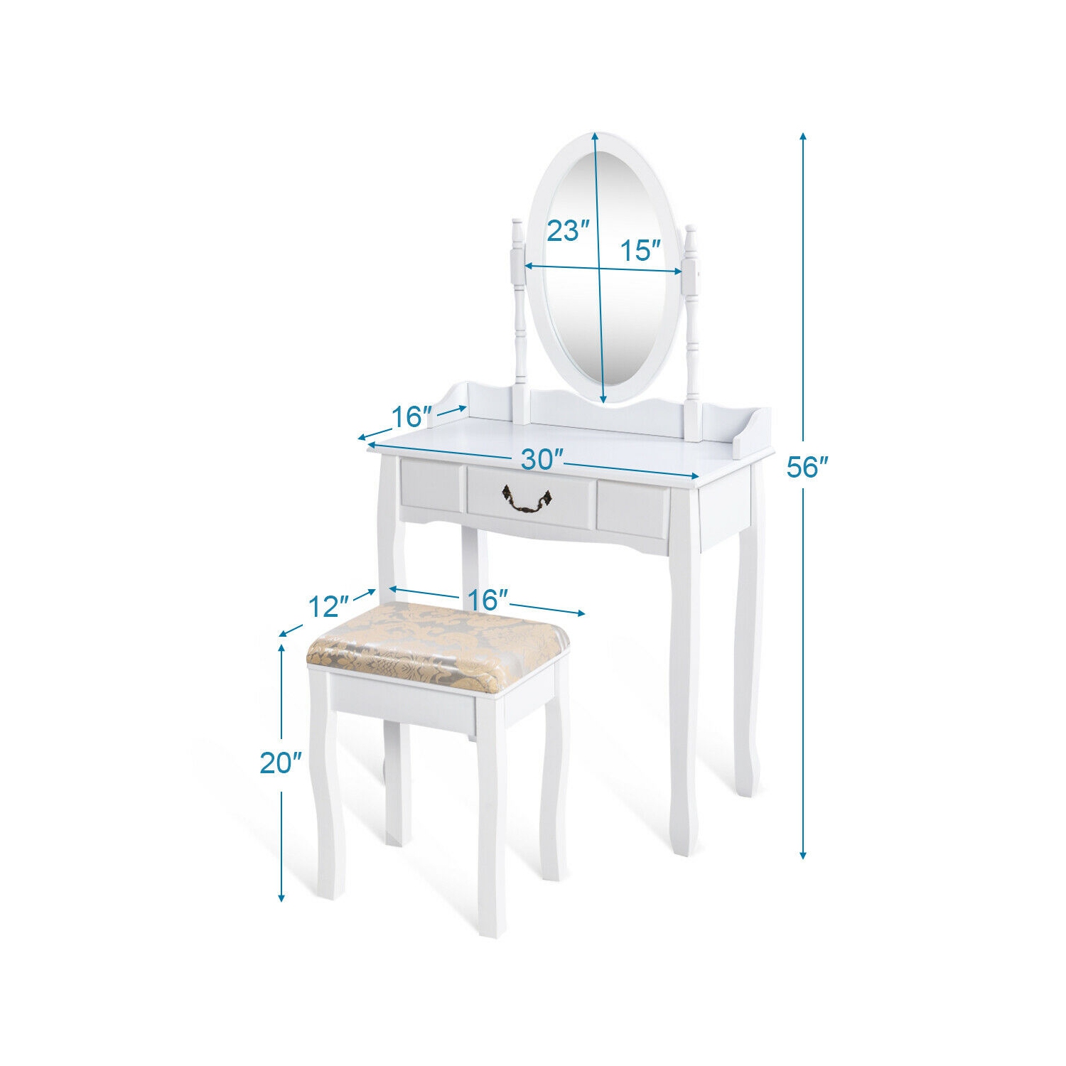 Gymax Makeup Dressing Table Stool Set w/ Drawers Mirror Vanity Set White