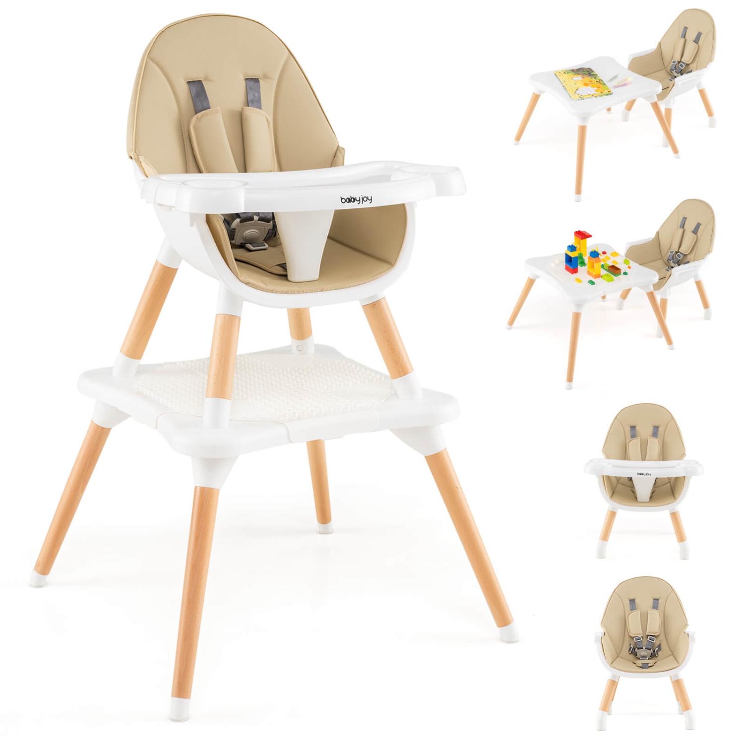Costway 6-in-1 Baby High Chair Infant Wooden Convertible Chair w/5-Point Seat Belt