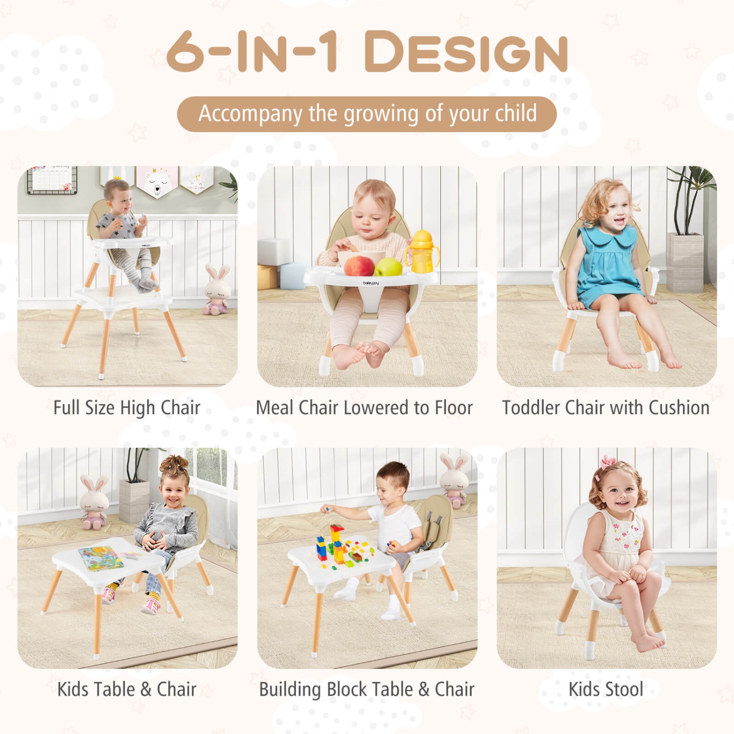 Costway 6-in-1 Baby High Chair Infant Wooden Convertible Chair w/5-Point Seat Belt