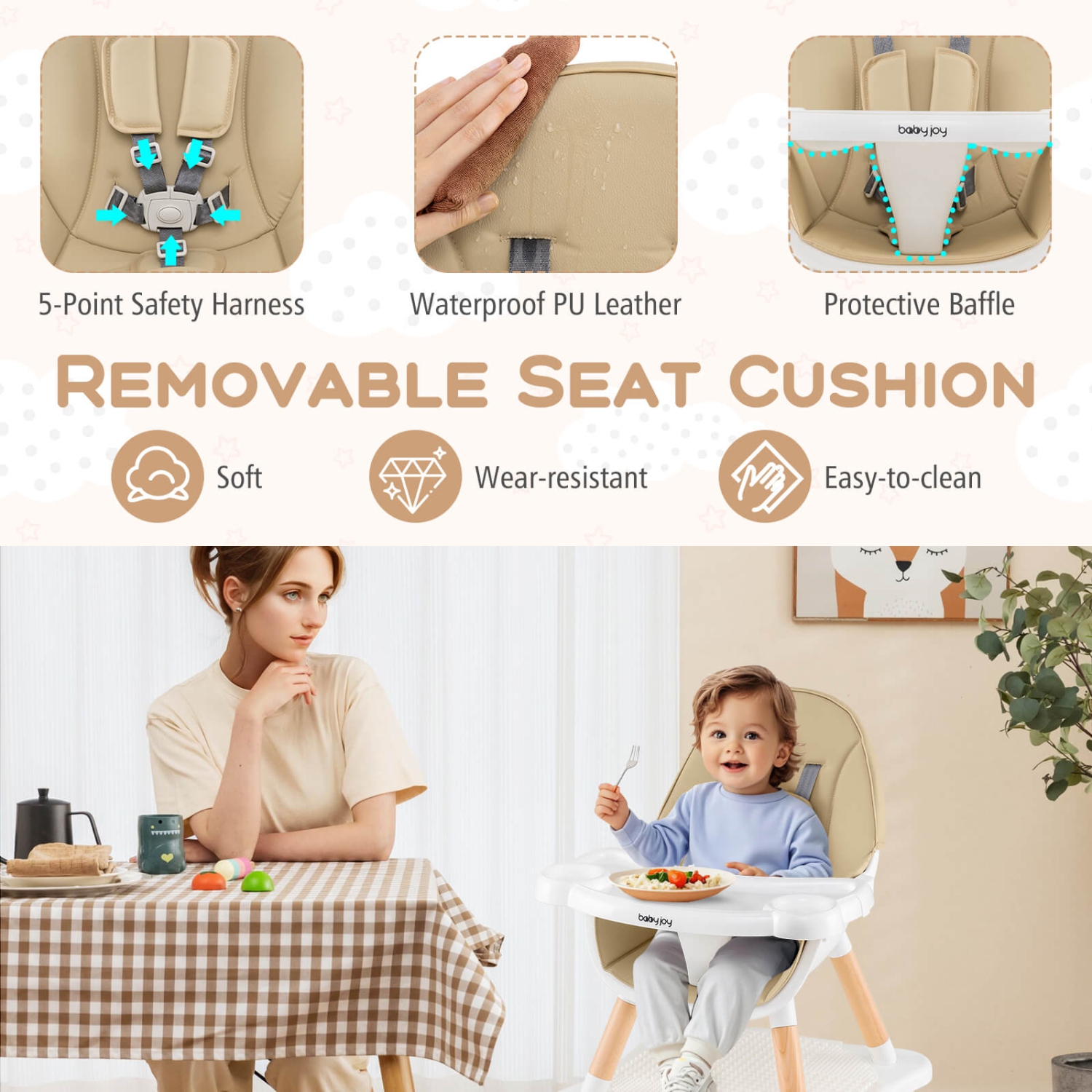 Costway 6-in-1 Baby High Chair Infant Wooden Convertible Chair w/5-Point Seat Belt