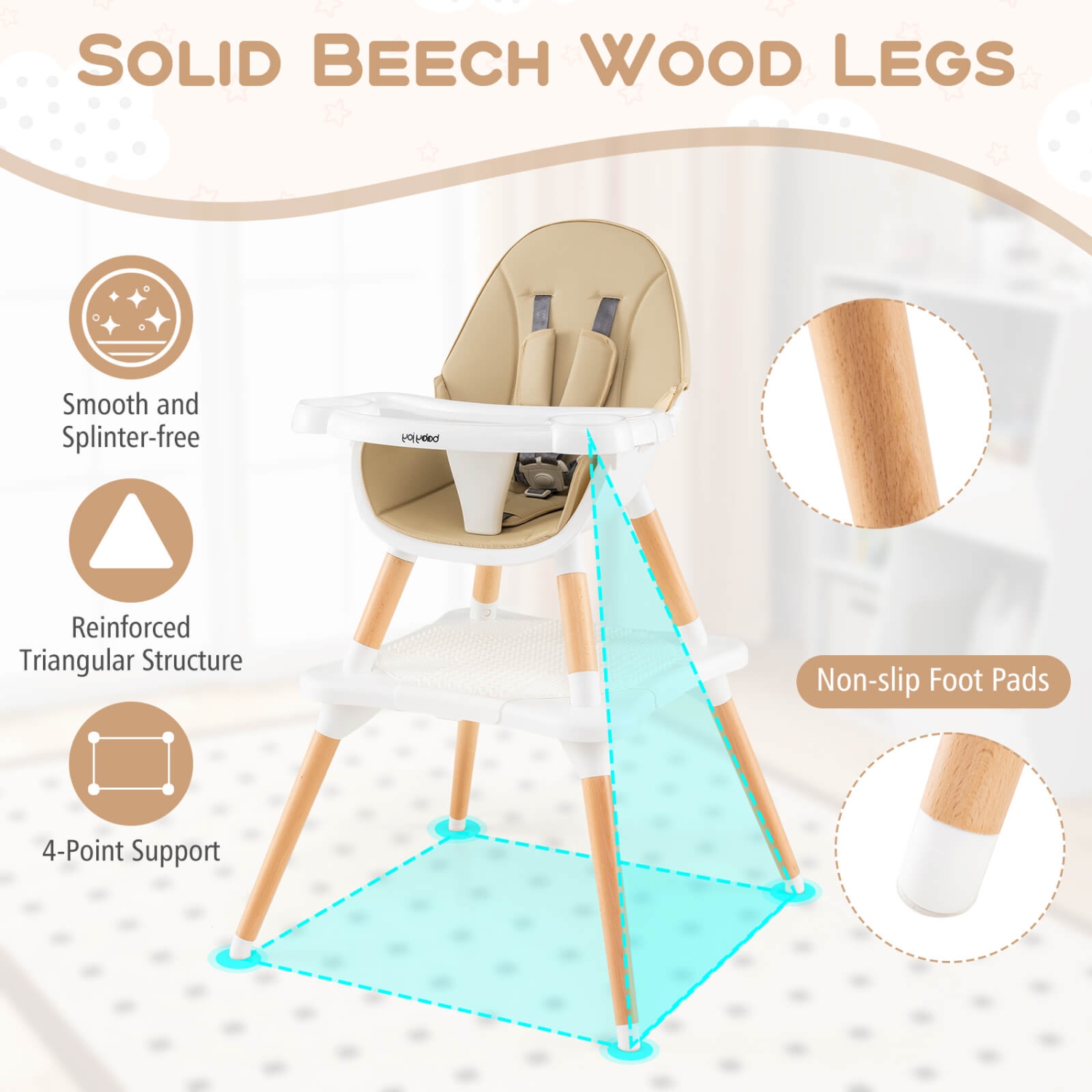 Costway 6-in-1 Baby High Chair Infant Wooden Convertible Chair w/5-Point Seat Belt