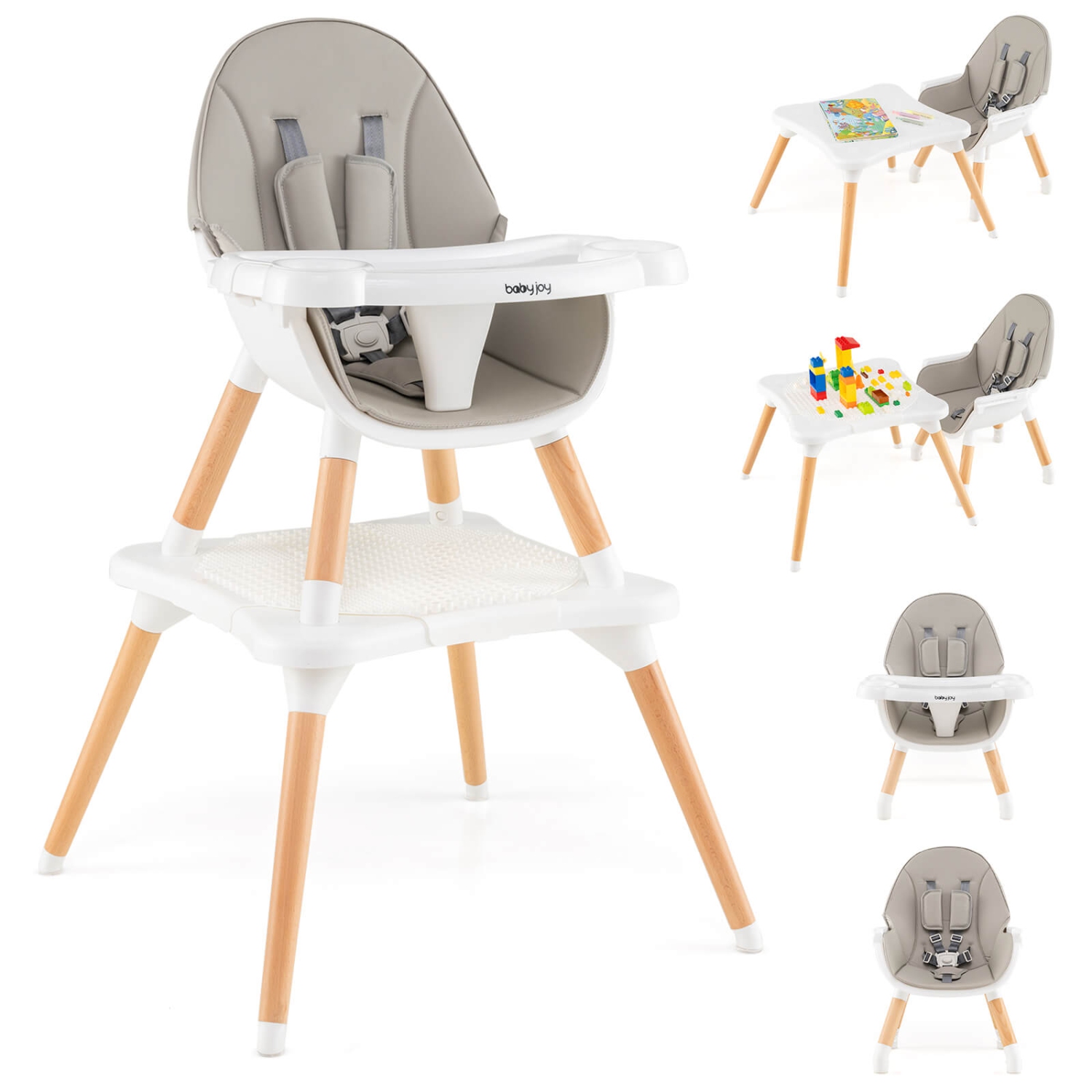 Chaise haute convertible 6-en-1 pour bébé en bois avec ceinture de sécurité à 5 points de Costway