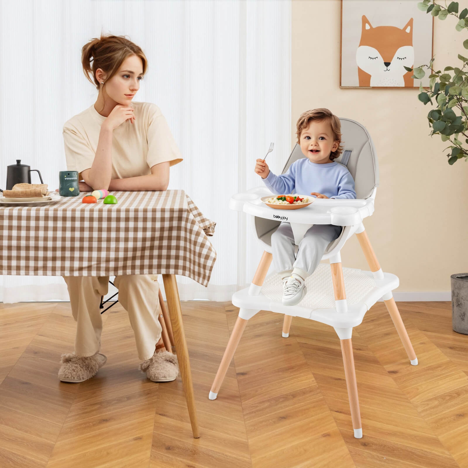 Chaise haute convertible 6-en-1 pour bébé en bois avec ceinture de sécurité à 5 points de Costway