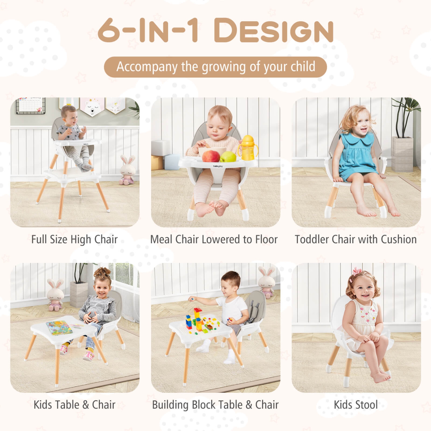 Chaise haute convertible 6-en-1 pour bébé en bois avec ceinture de sécurité à 5 points de Costway